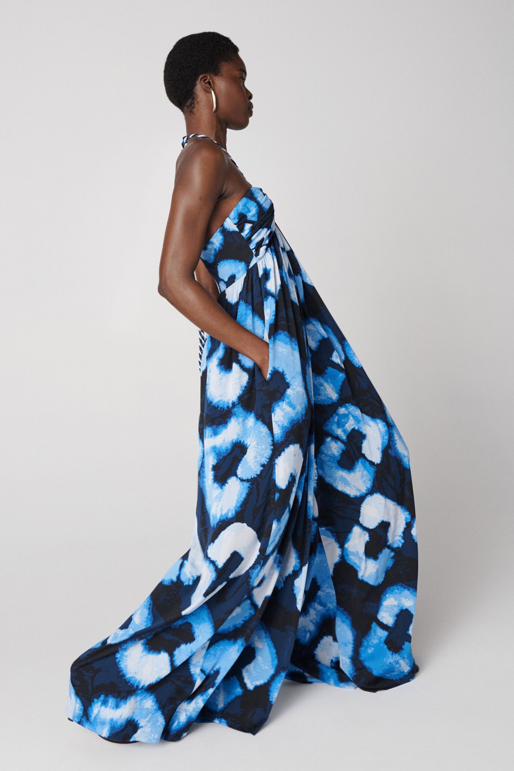 blue and black strapless gown