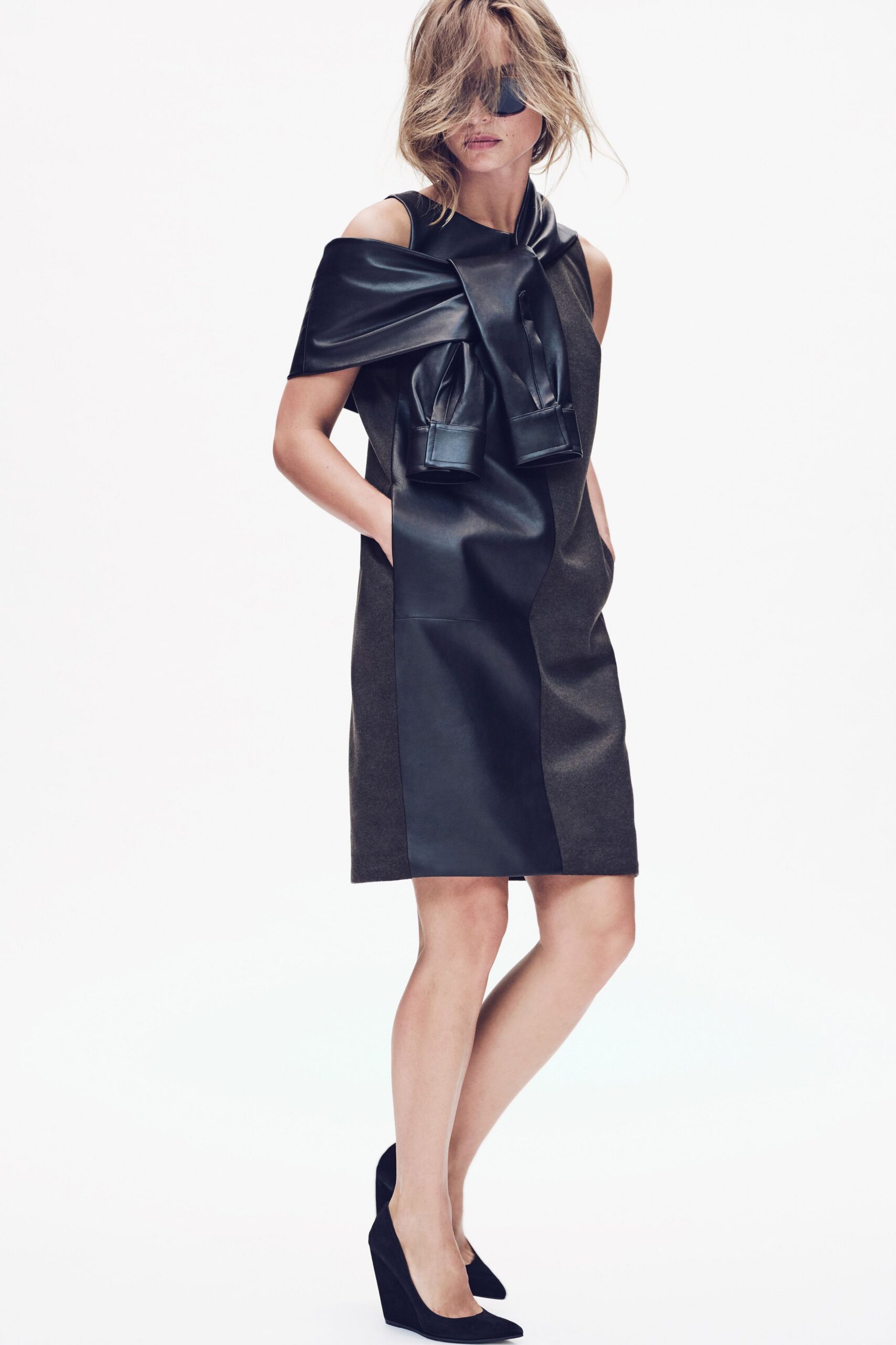 black leather sleeveless v-neck fitted pockets layered dress