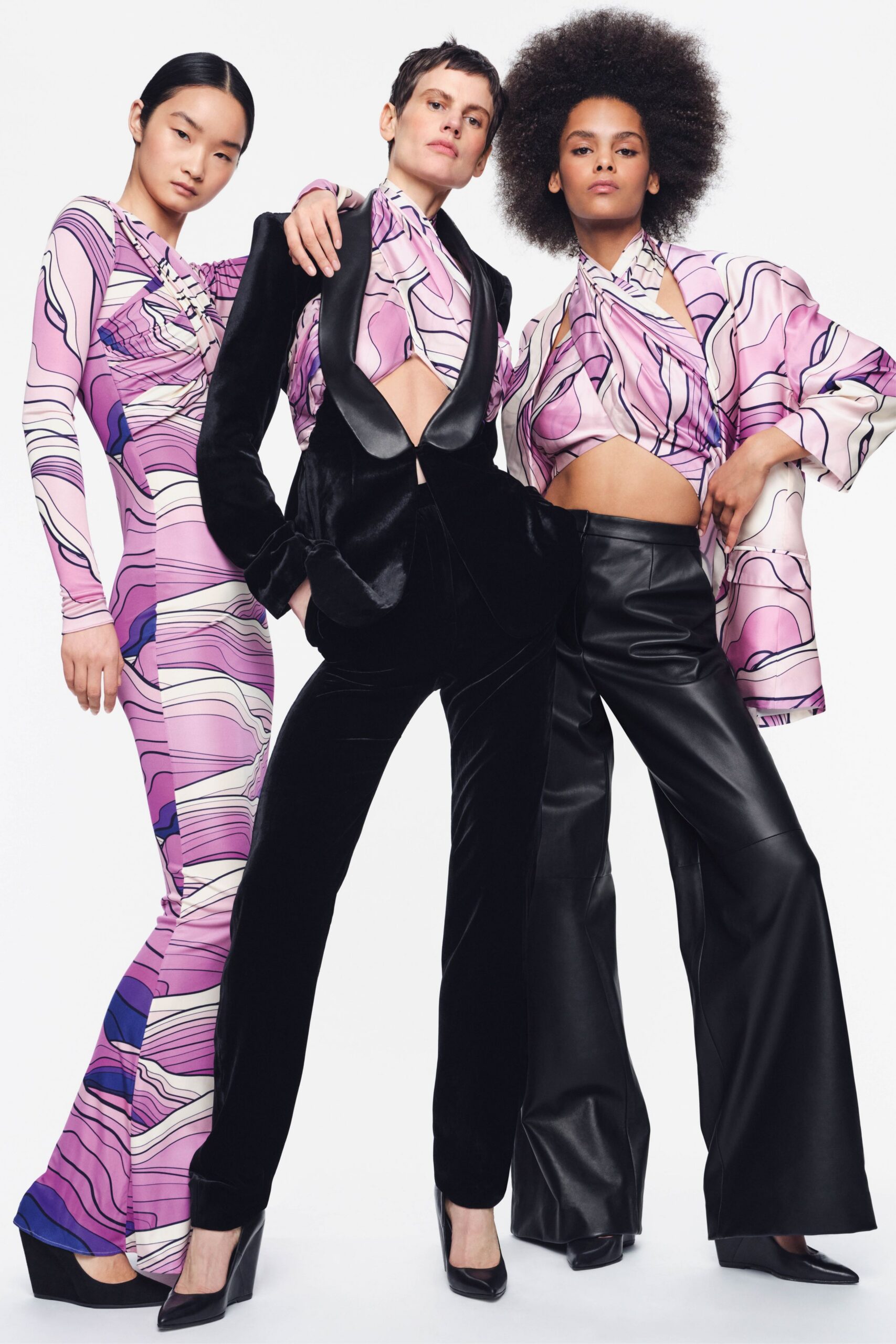 pink silk long-sleeve collared fitted printed top