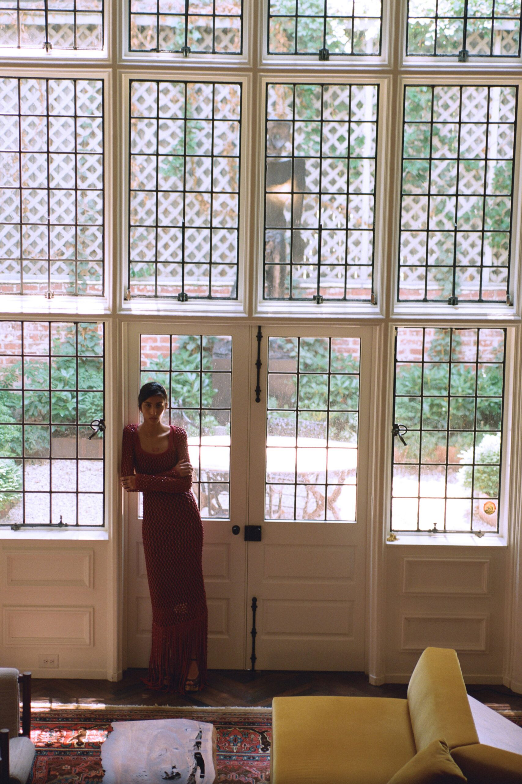 fitted red polka-dot maxi dress