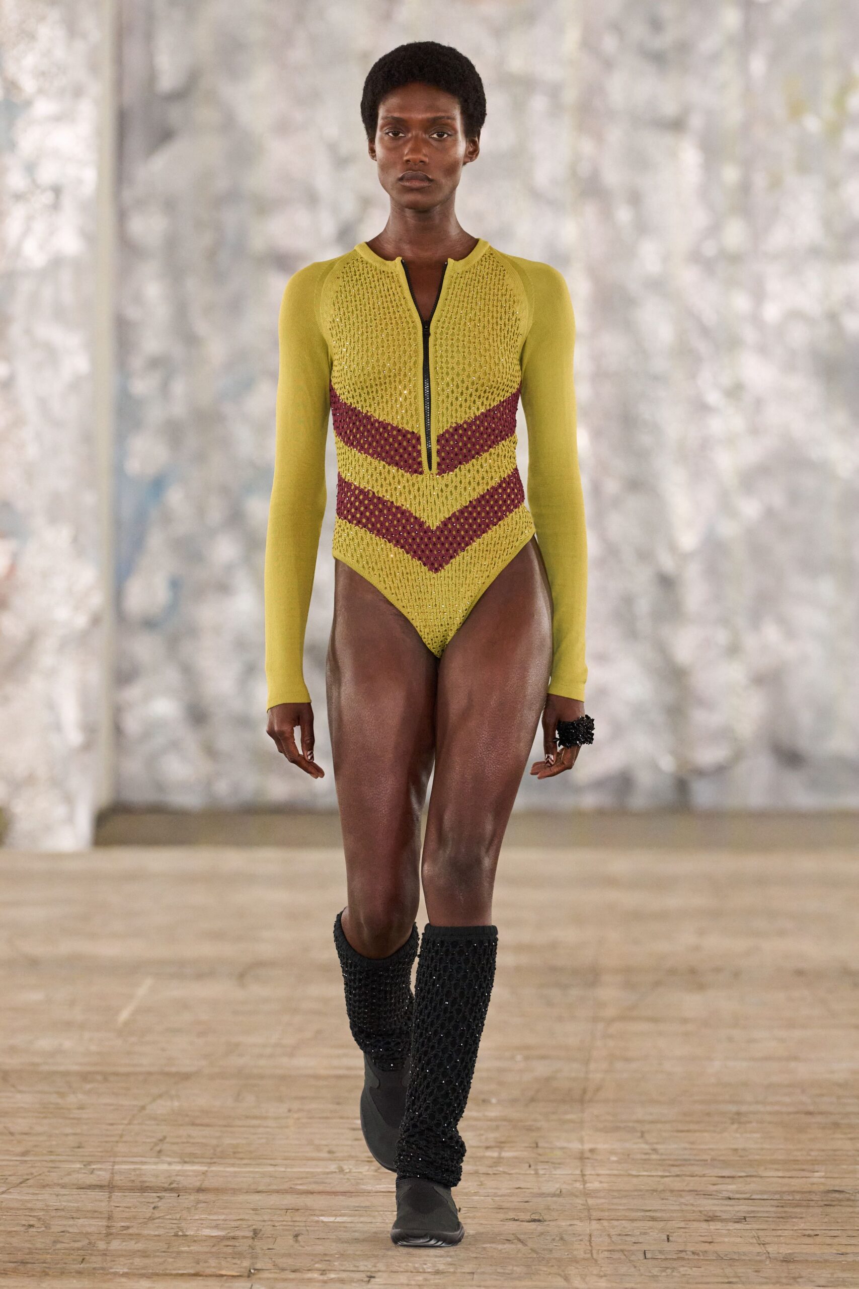 yellow knit long-sleeve fitted zippered striped bodysuit