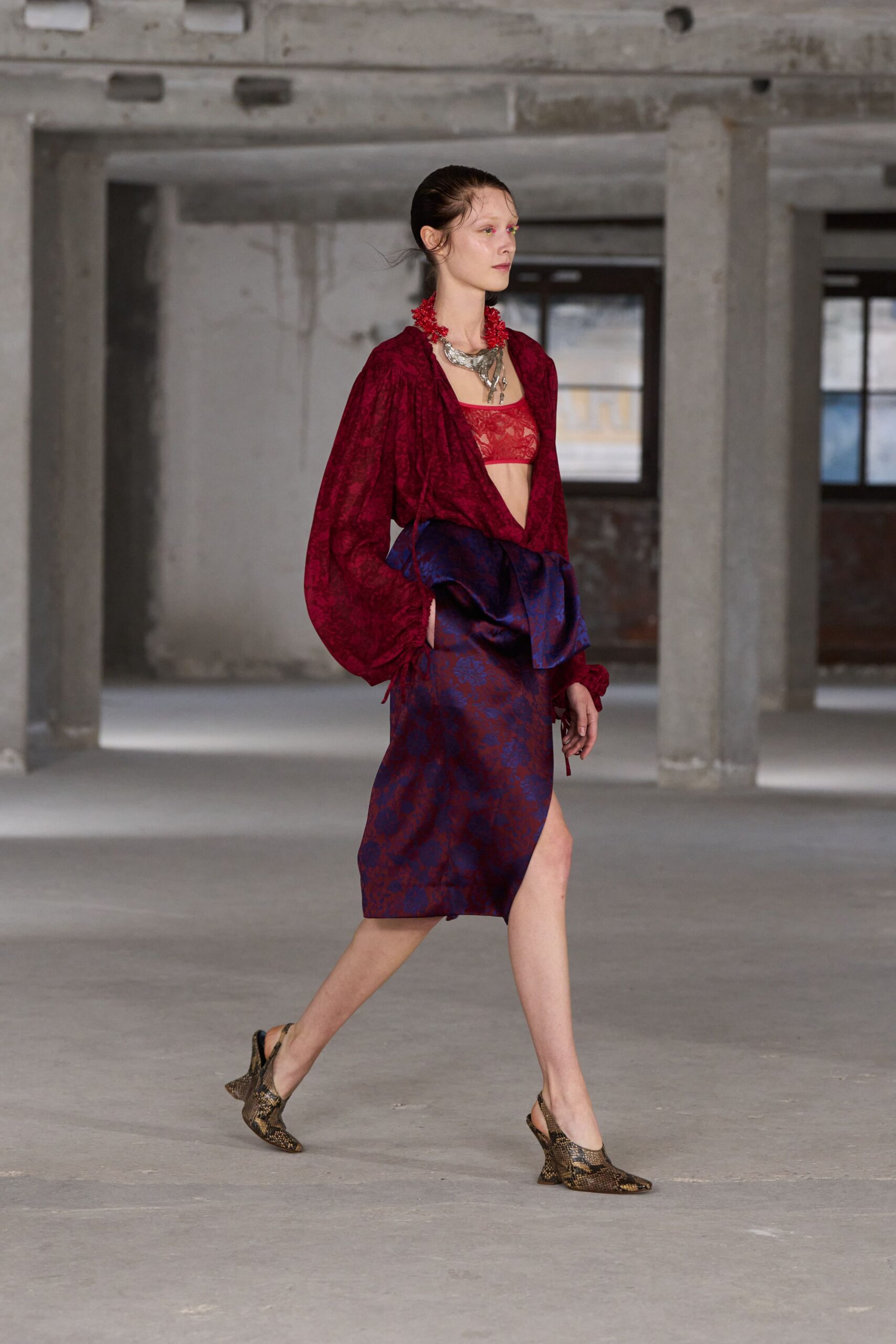 red silk long-sleeve v-neck relaxed ruffled blouse