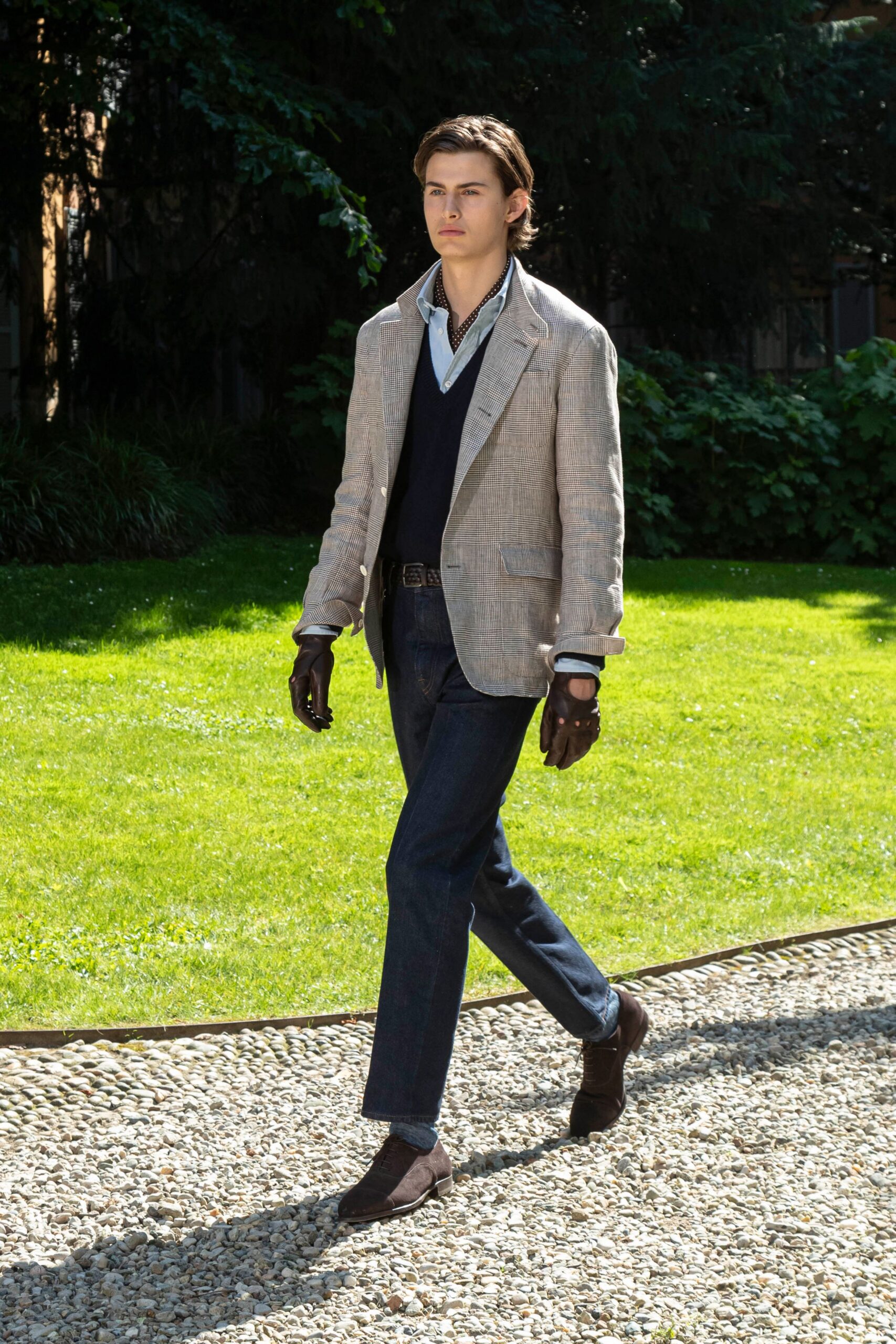beige tailored blazer with navy sweater