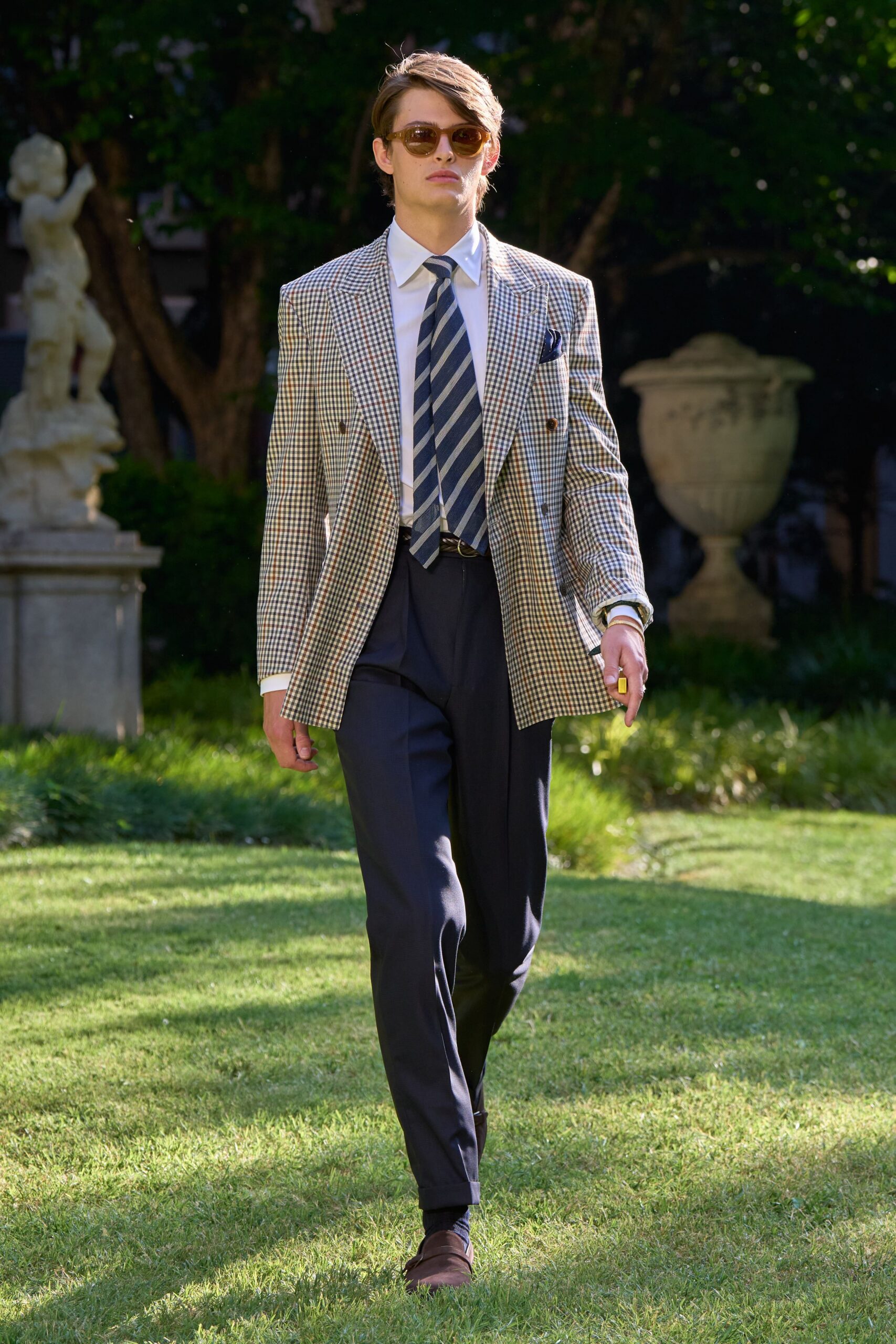 beige checked blazer with navy pants