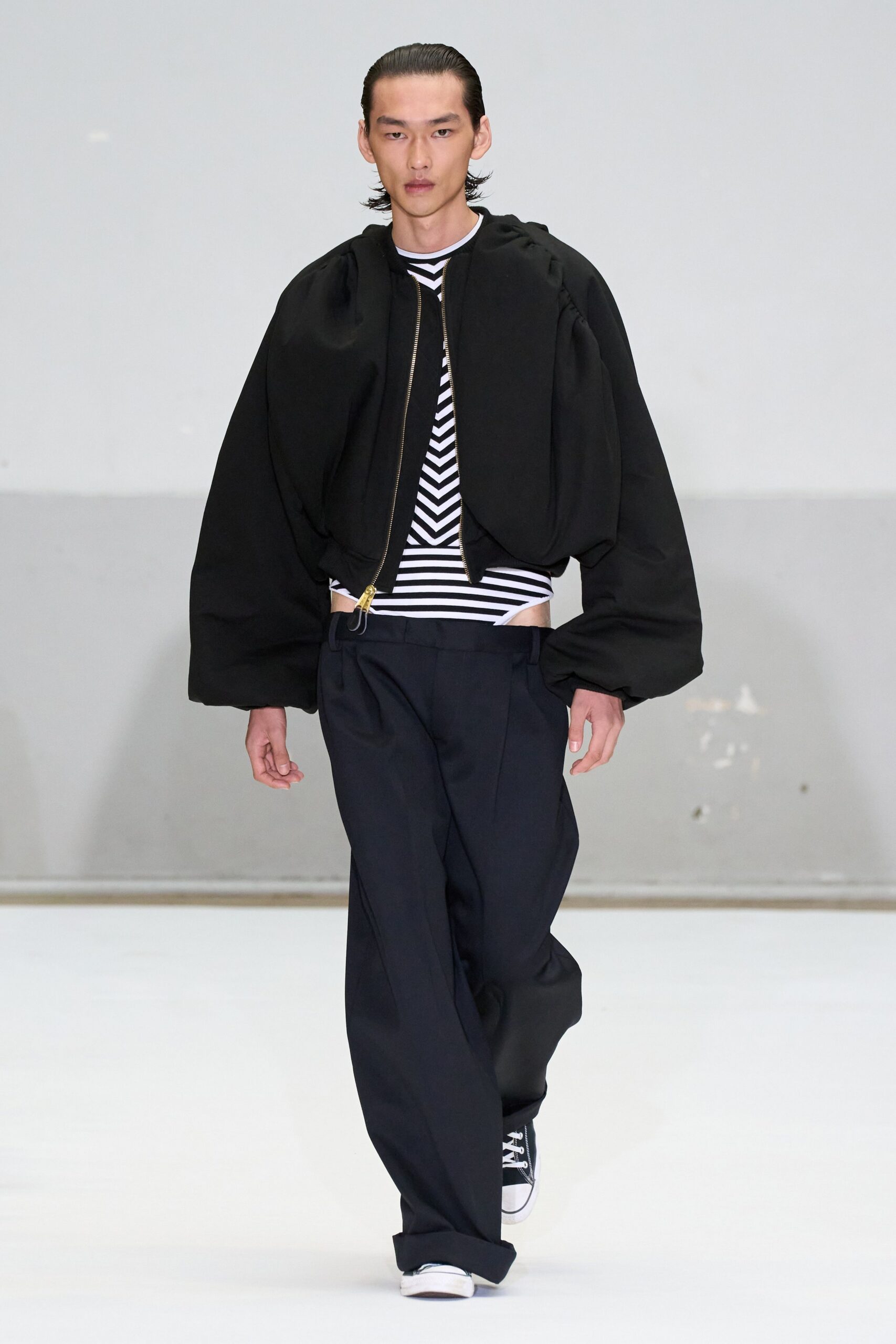 black relaxed jacket with striped shirt