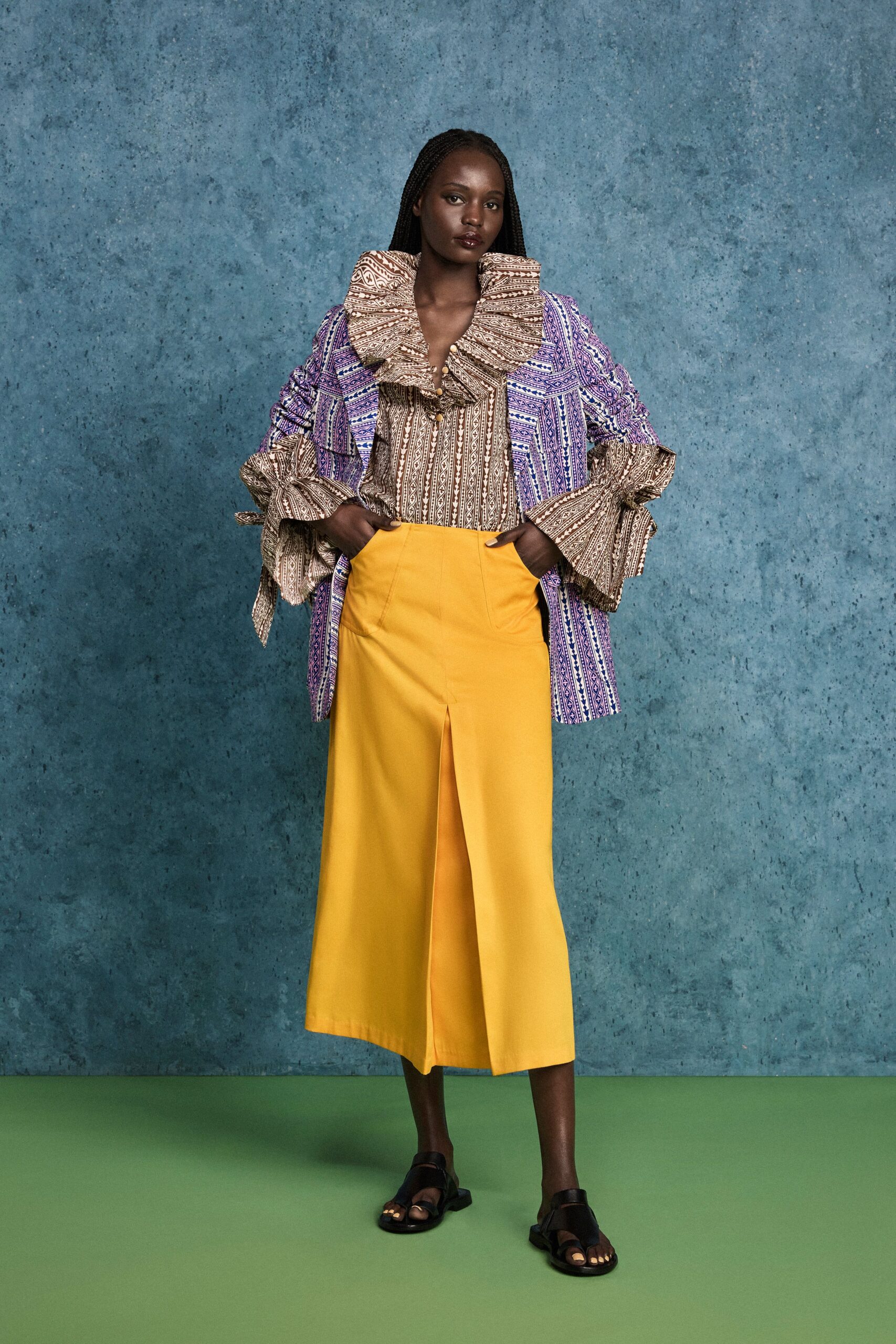yellow cotton slit fitted high-waisted midi skirt