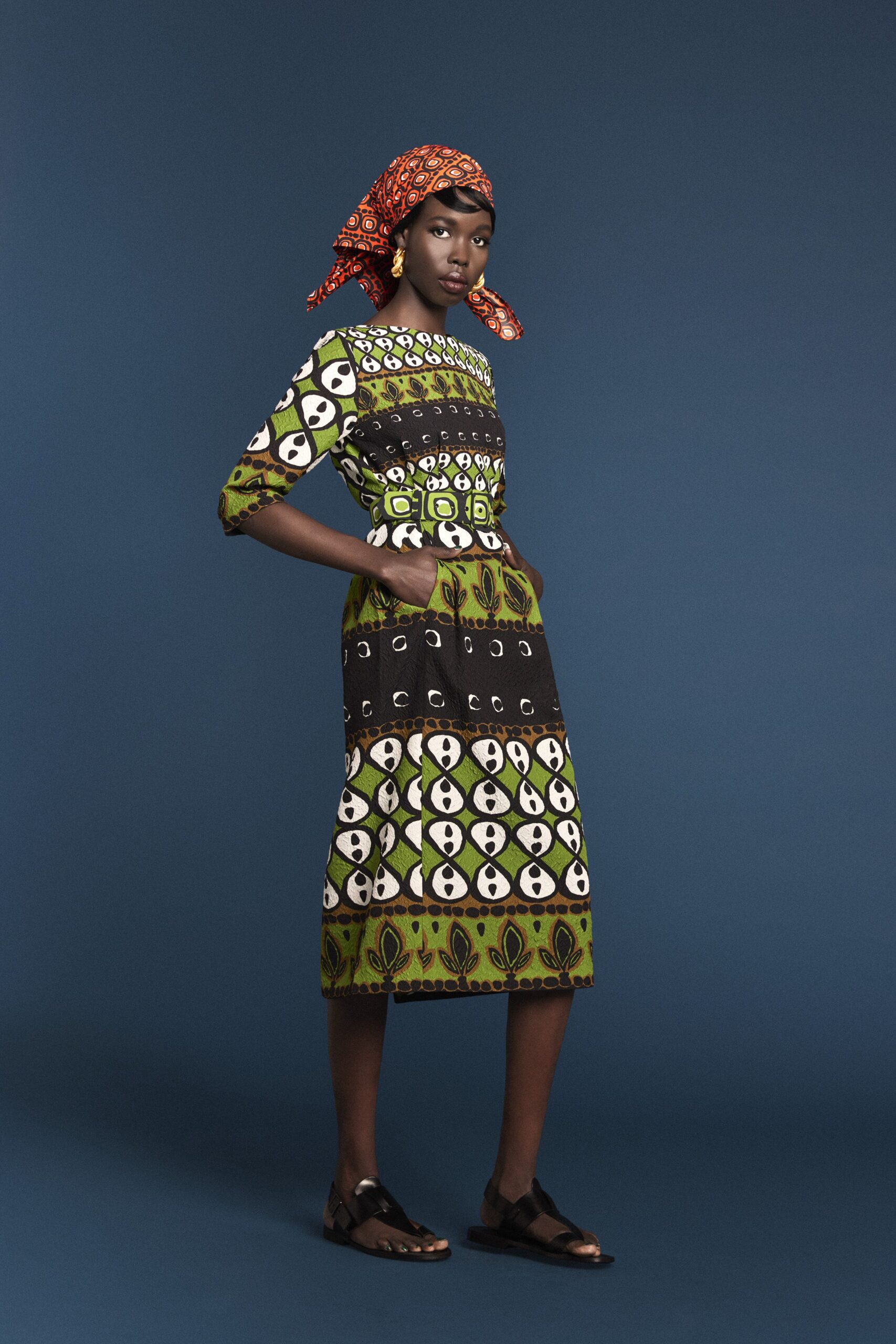 green cotton short-sleeve collared fitted printed tiered dress