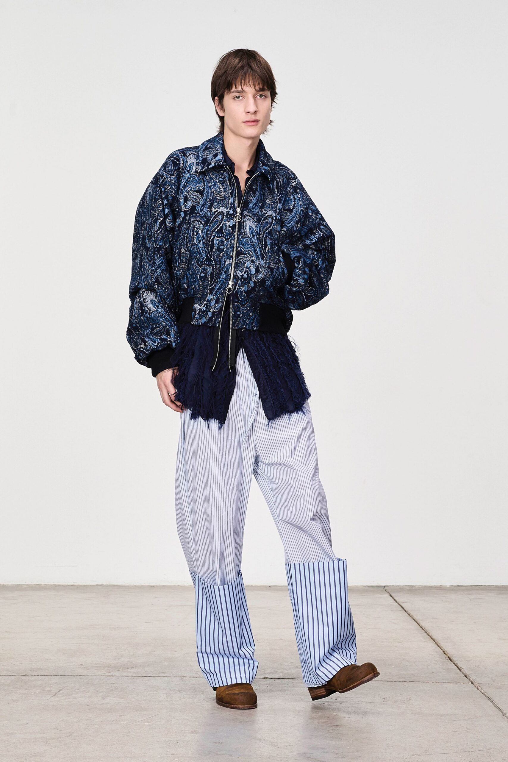 blue printed relaxed jacket with striped pants