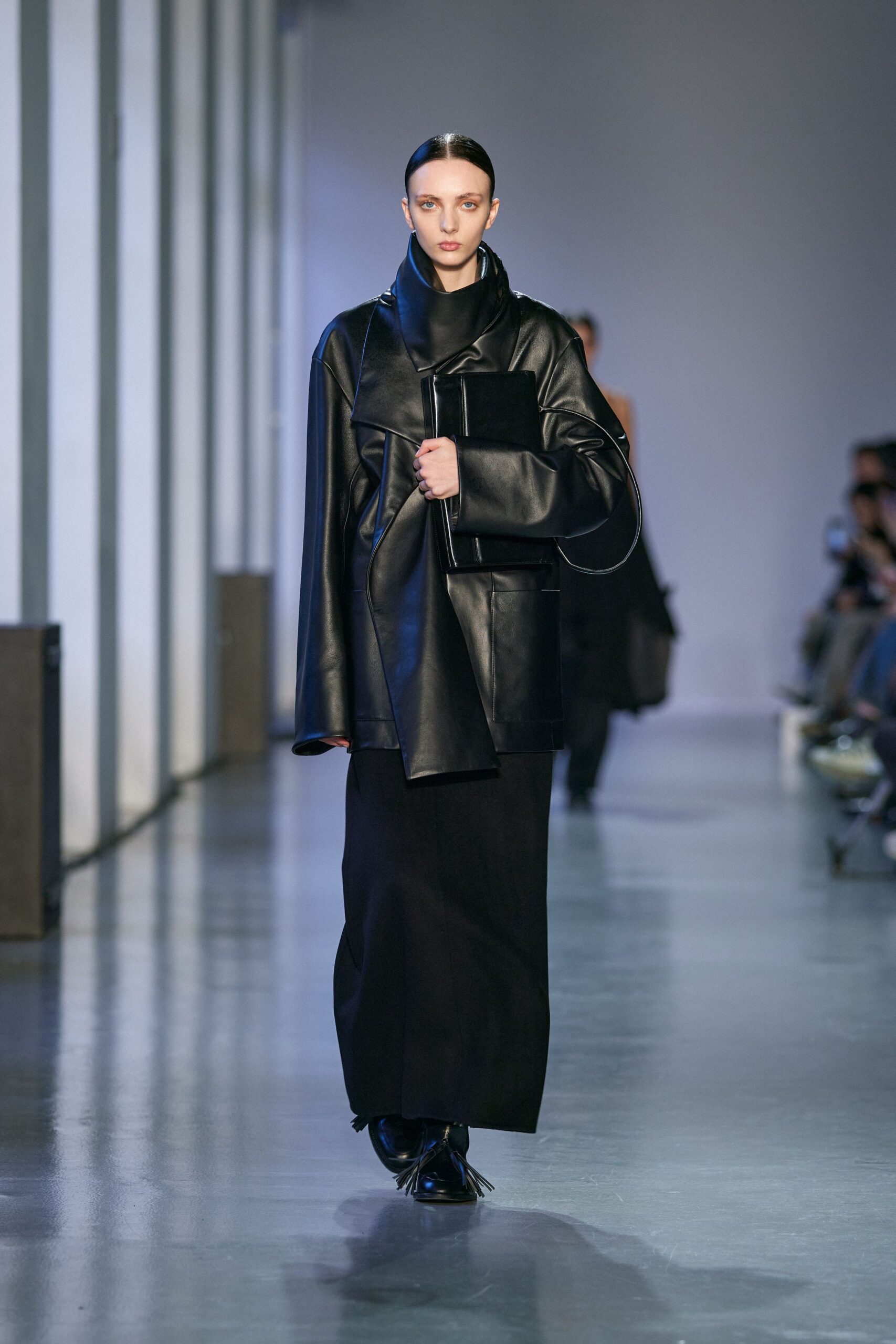 oversized black leather coat