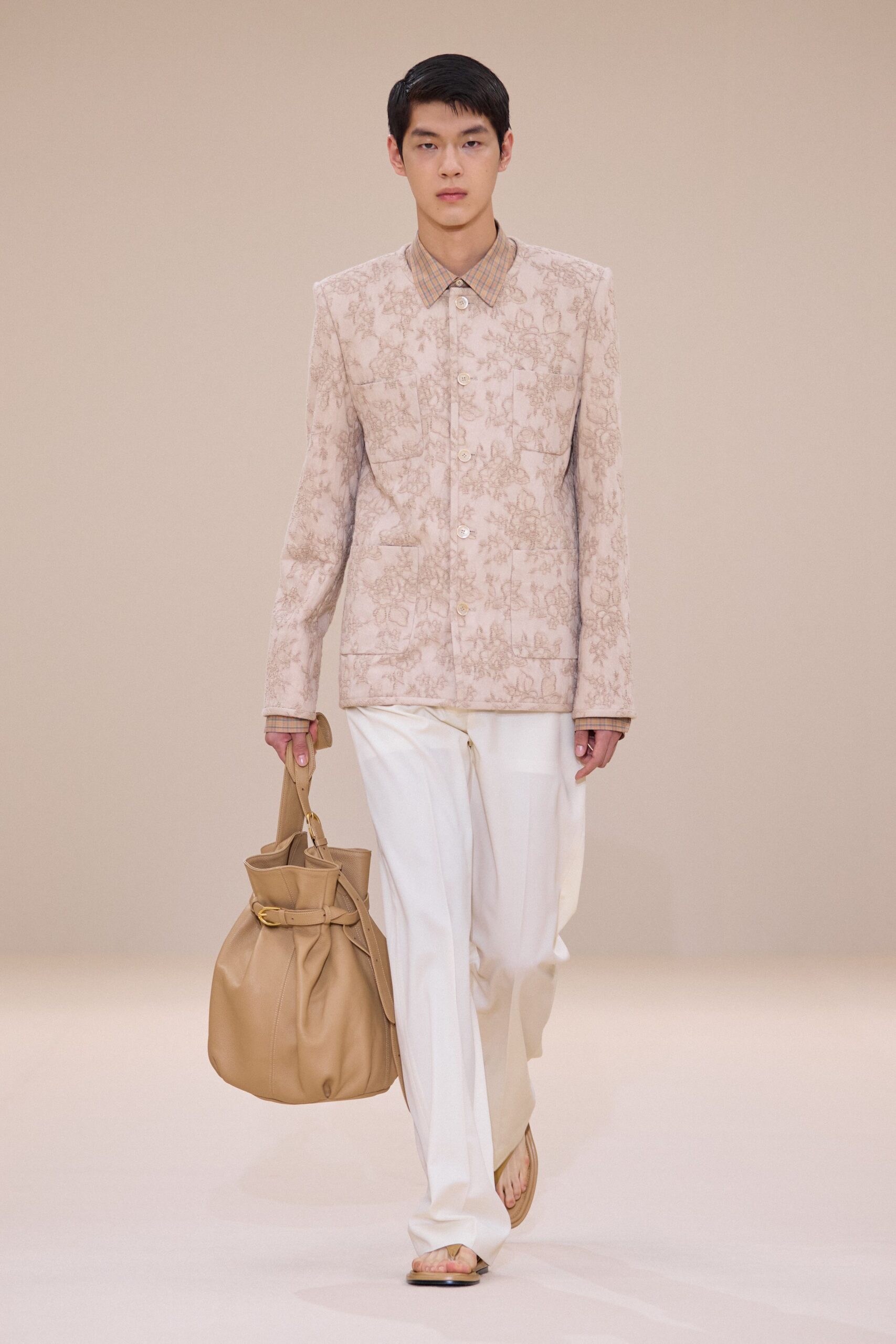 beige embroidered blazer with white pants