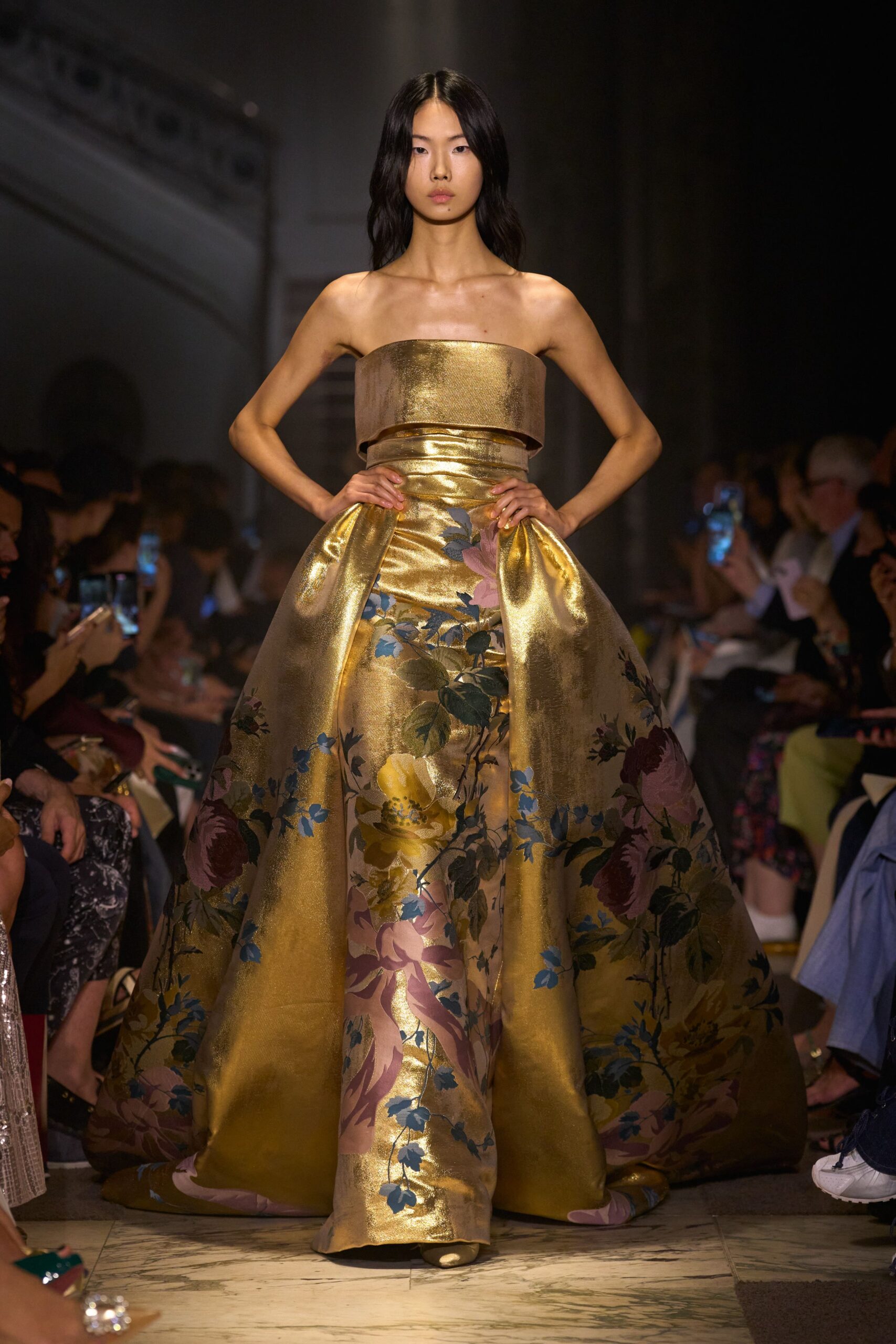 gold embroidered strapless gown