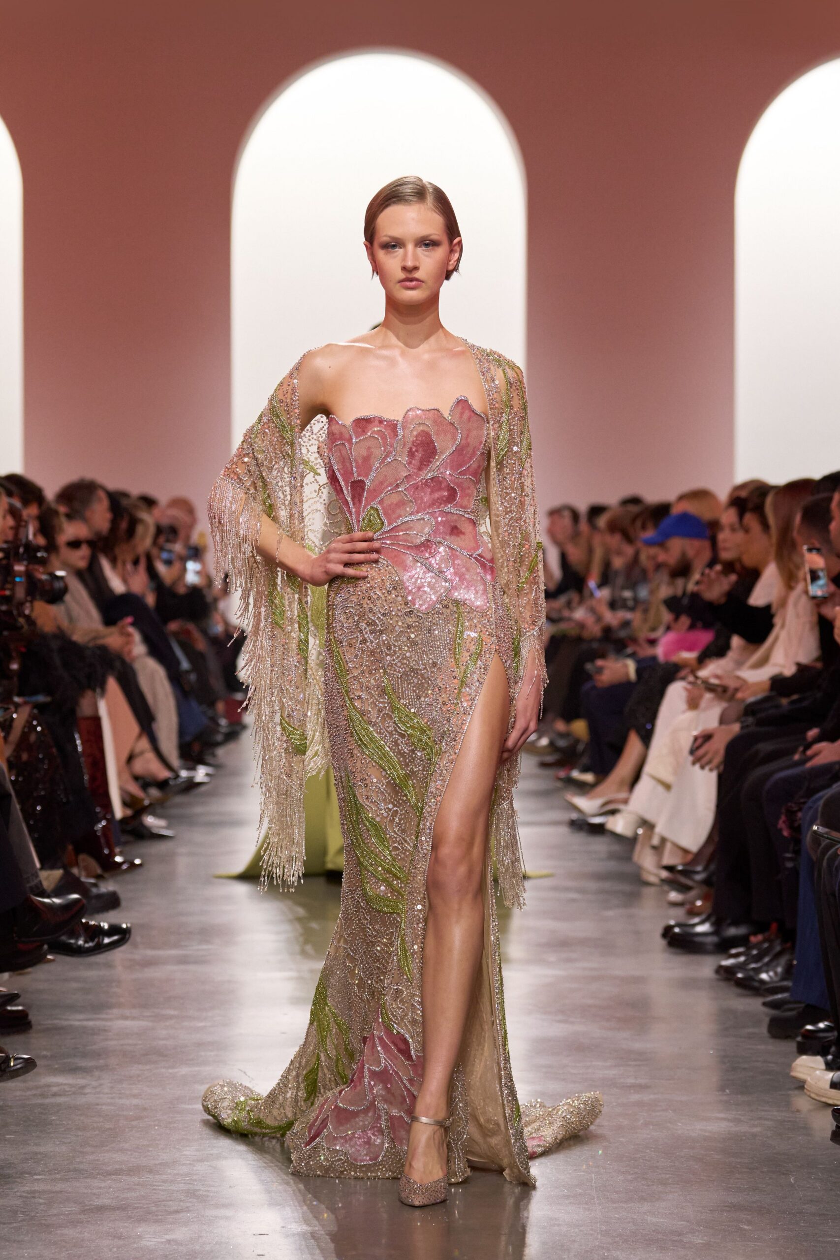 pink sequin strapless high-neck fitted floral beaded gown