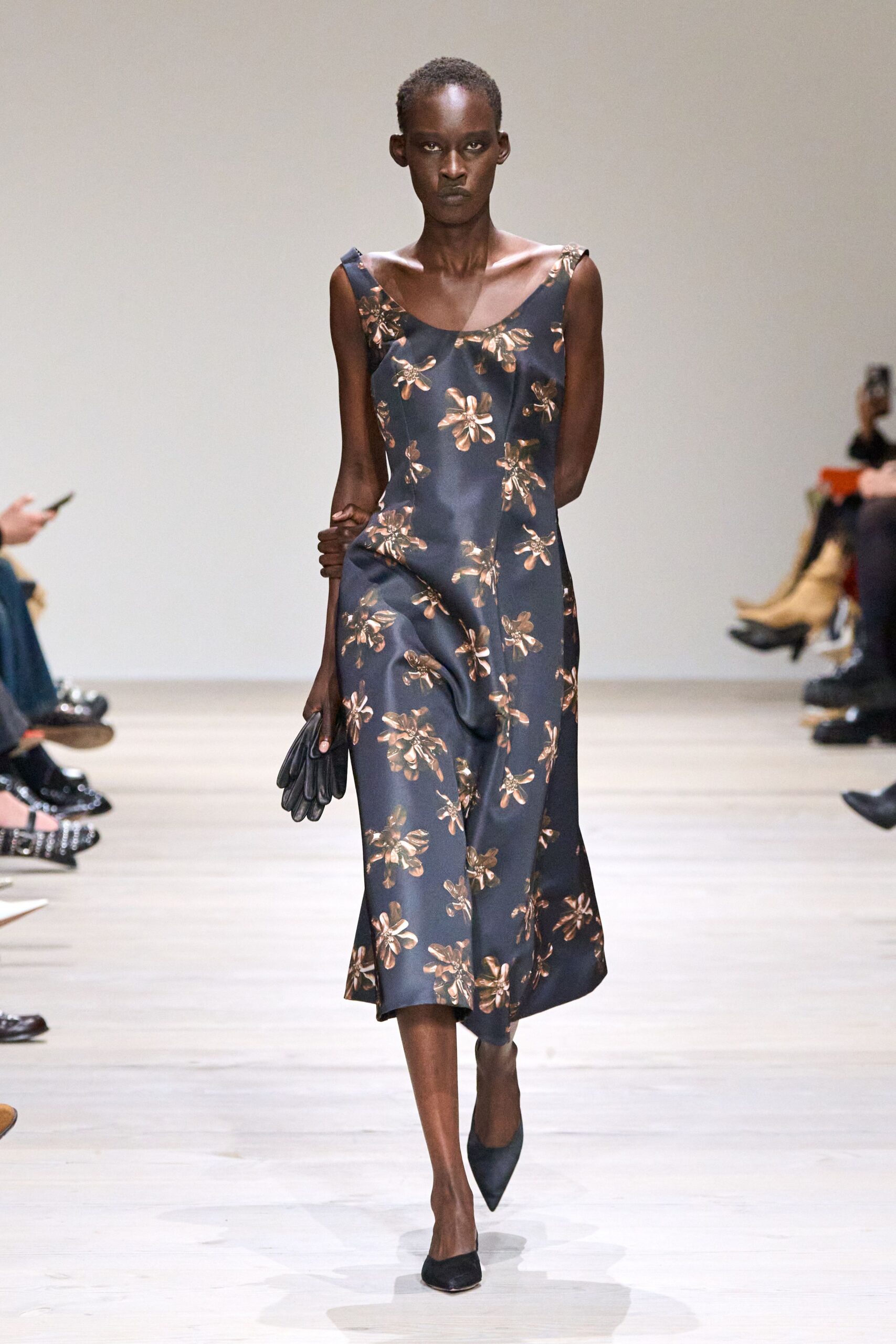 black floral silk midi dress