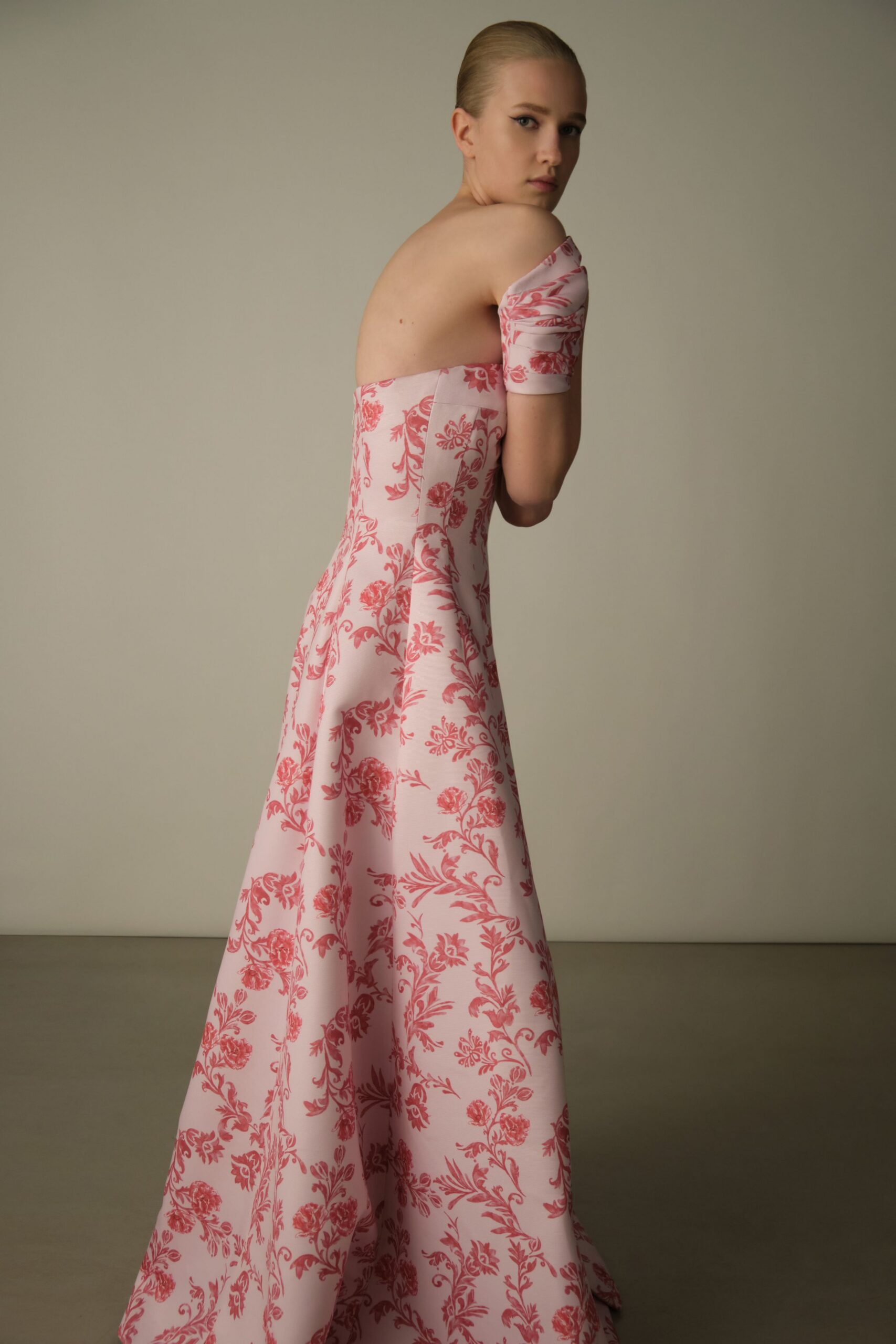 pink floral strapless gown