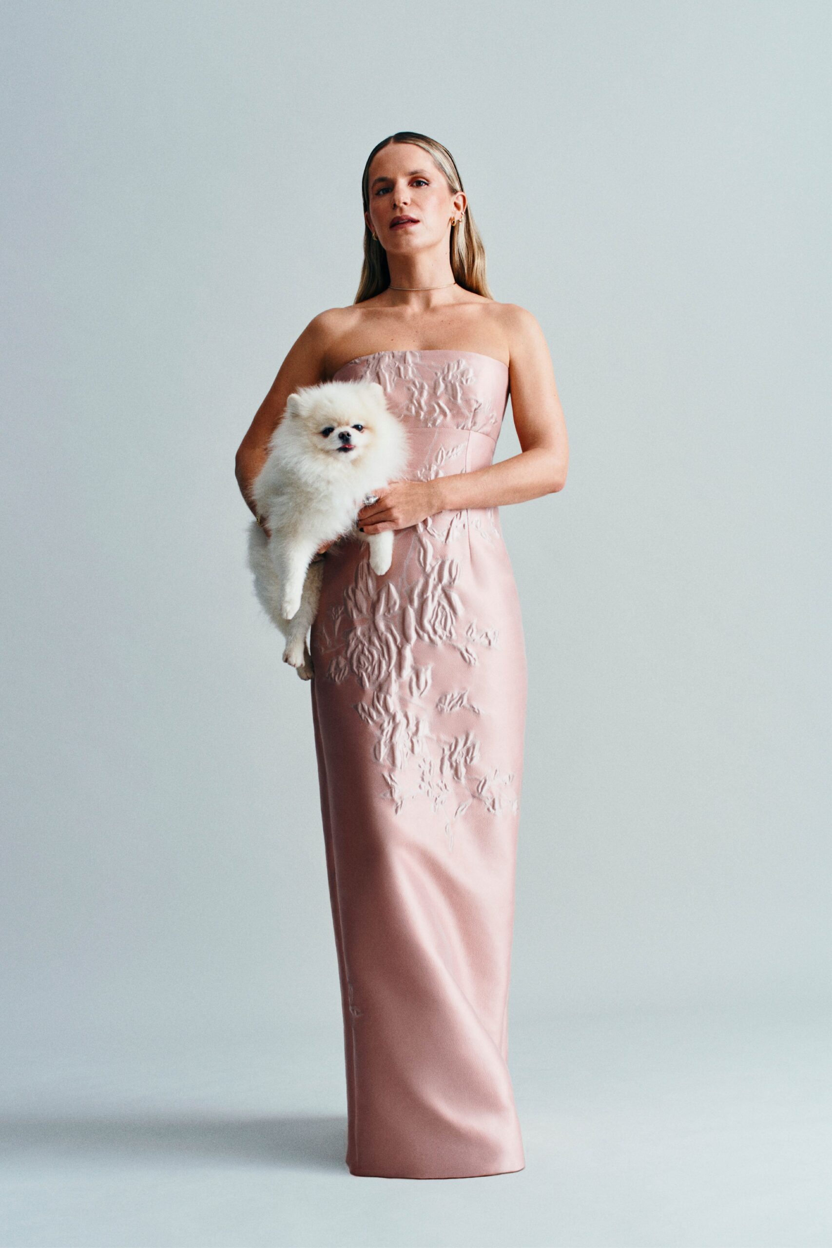 pink silk strapless gown