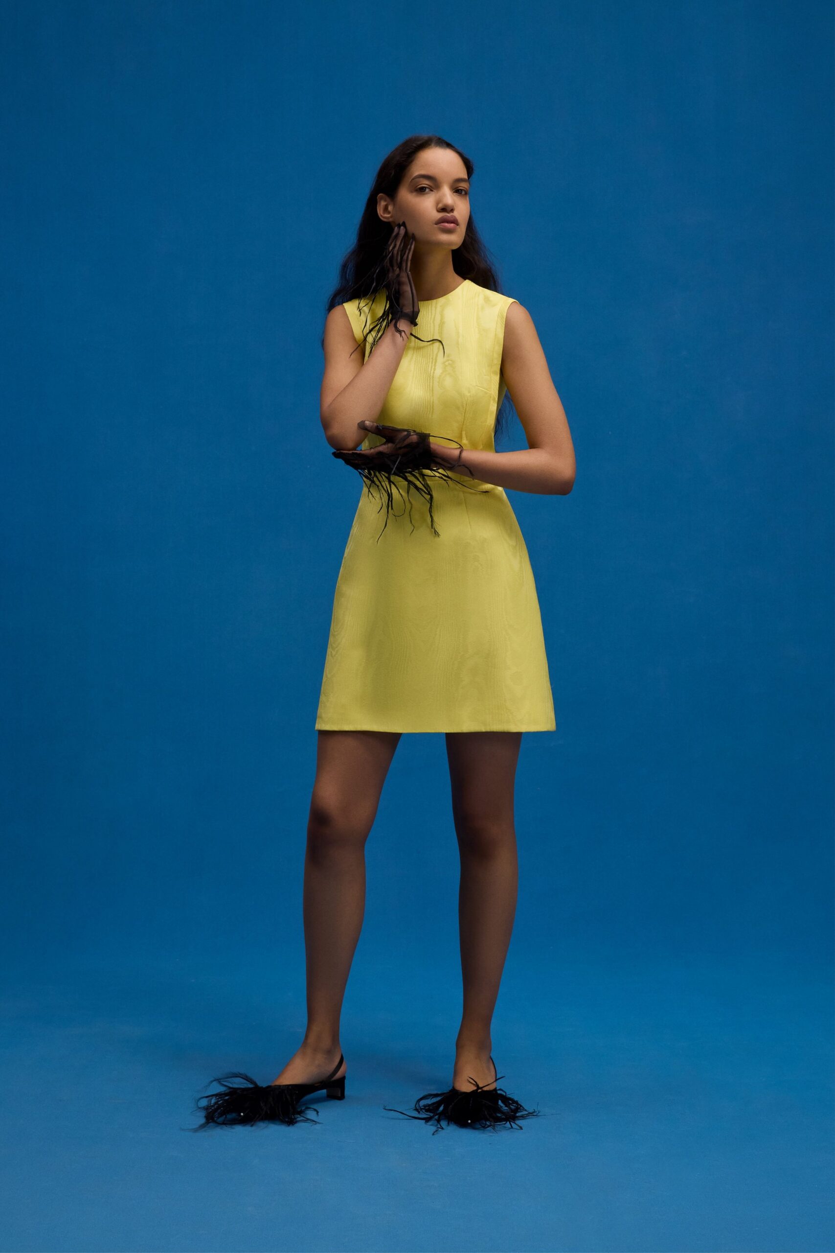 yellow silk sleeveless high-neck fitted straight-leg mini dress
