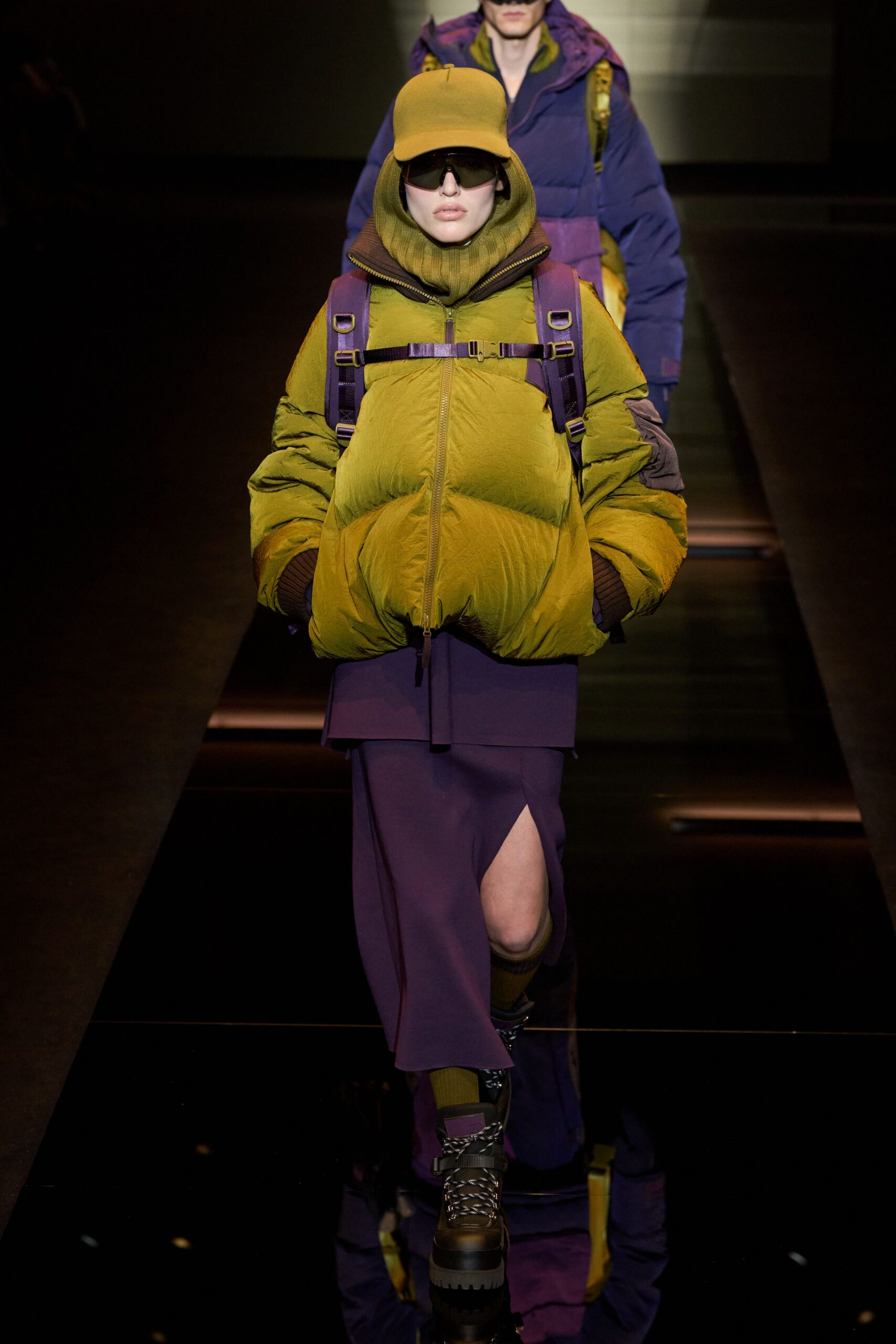 relaxed green jacket with purple skirt