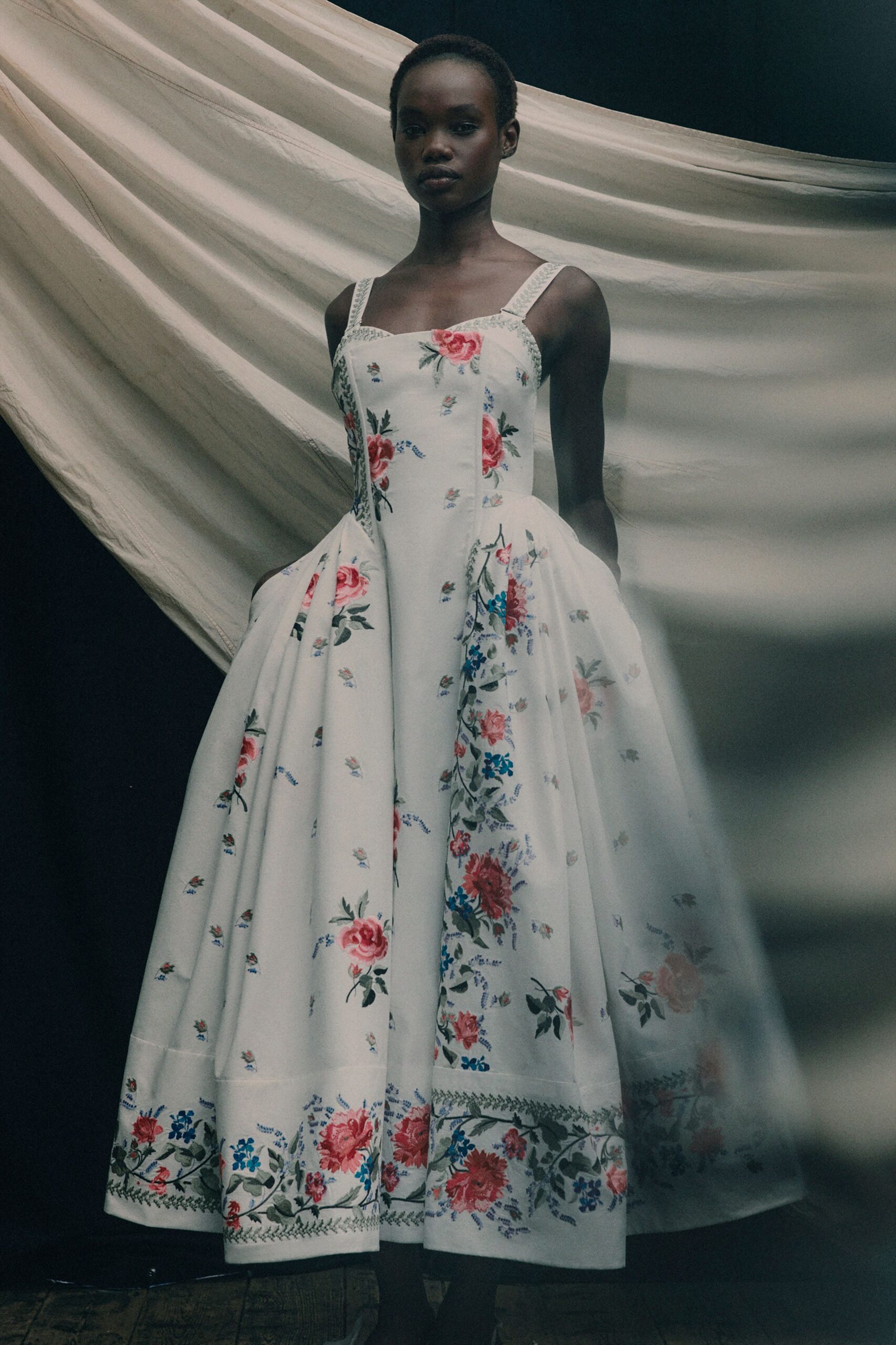 white floral sleeveless dress