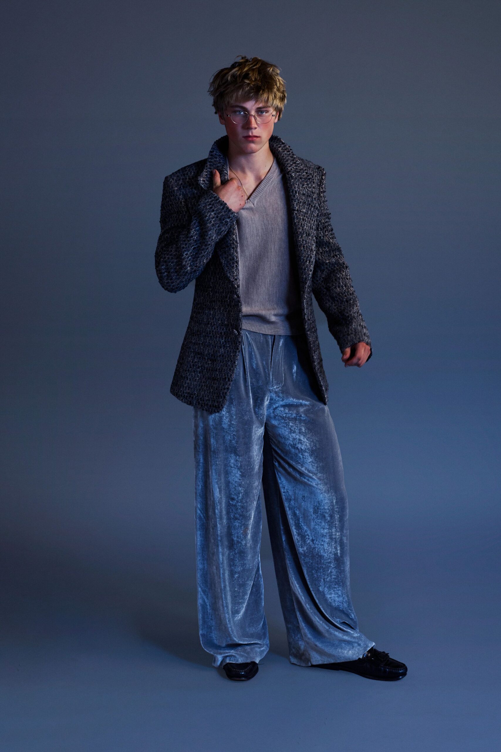 gray velvet blazer with relaxed pants