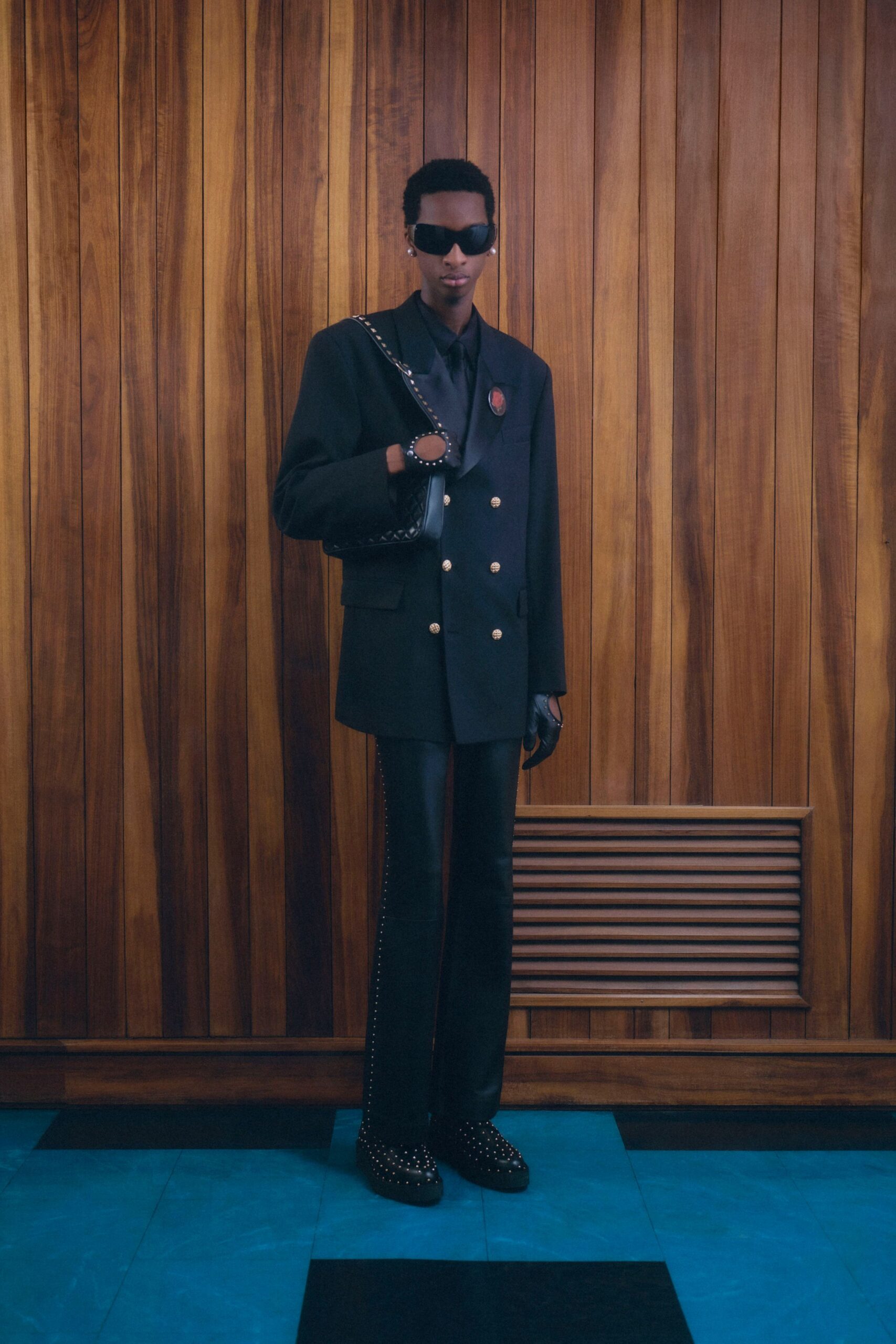 black leather slim straight-leg pants