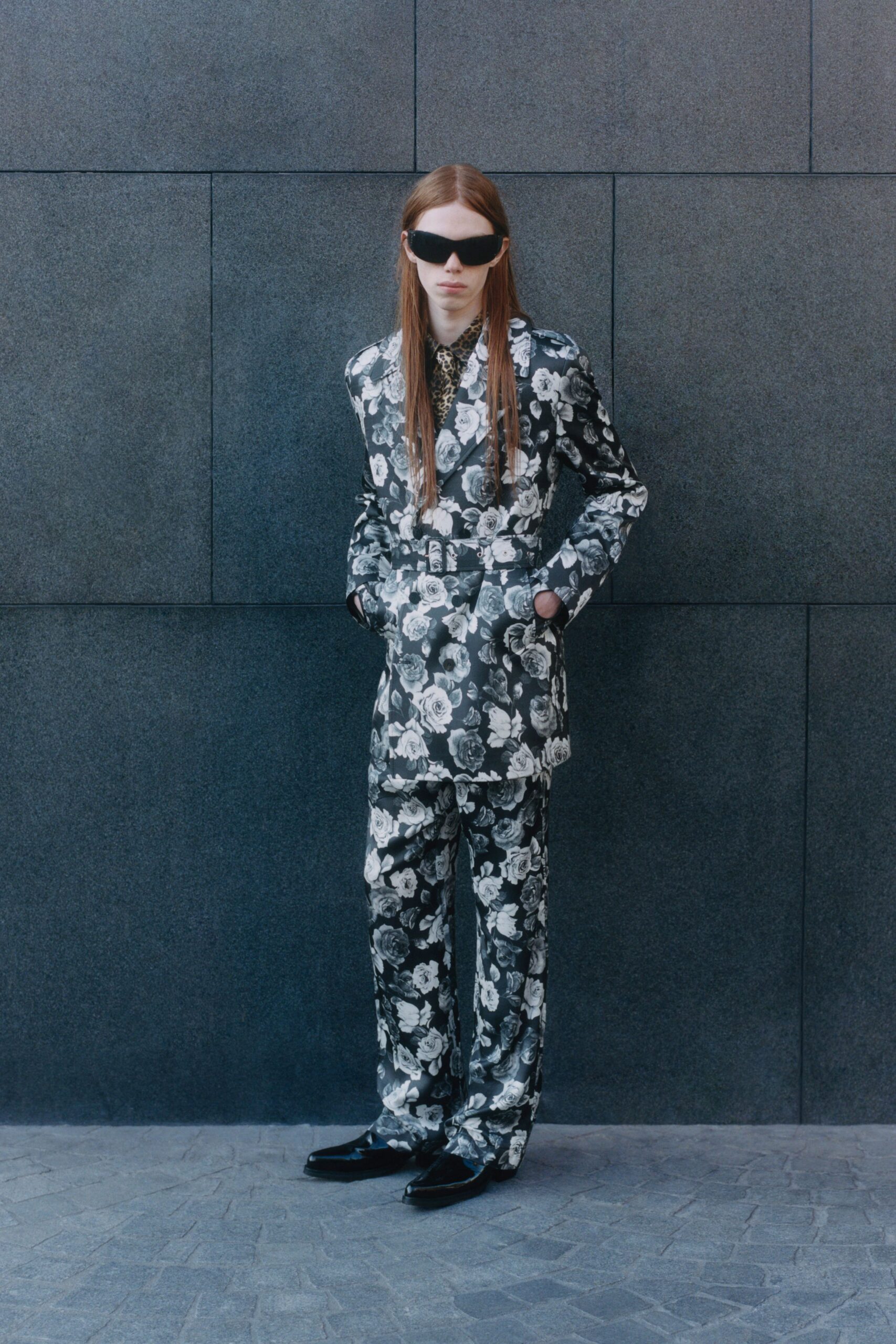 black and white floral suit