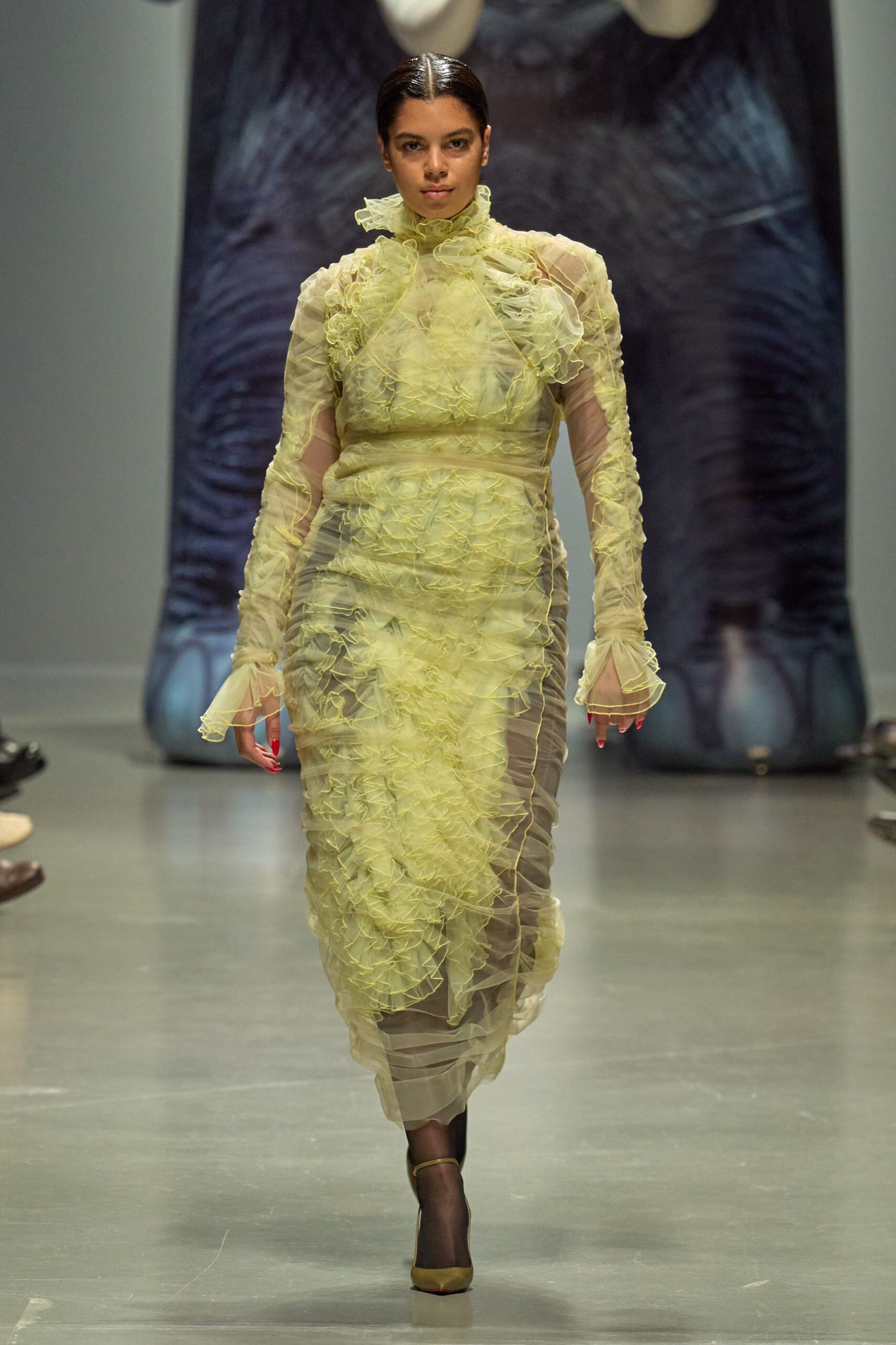 yellow chiffon long-sleeve high-neck fitted ruffled layered dress