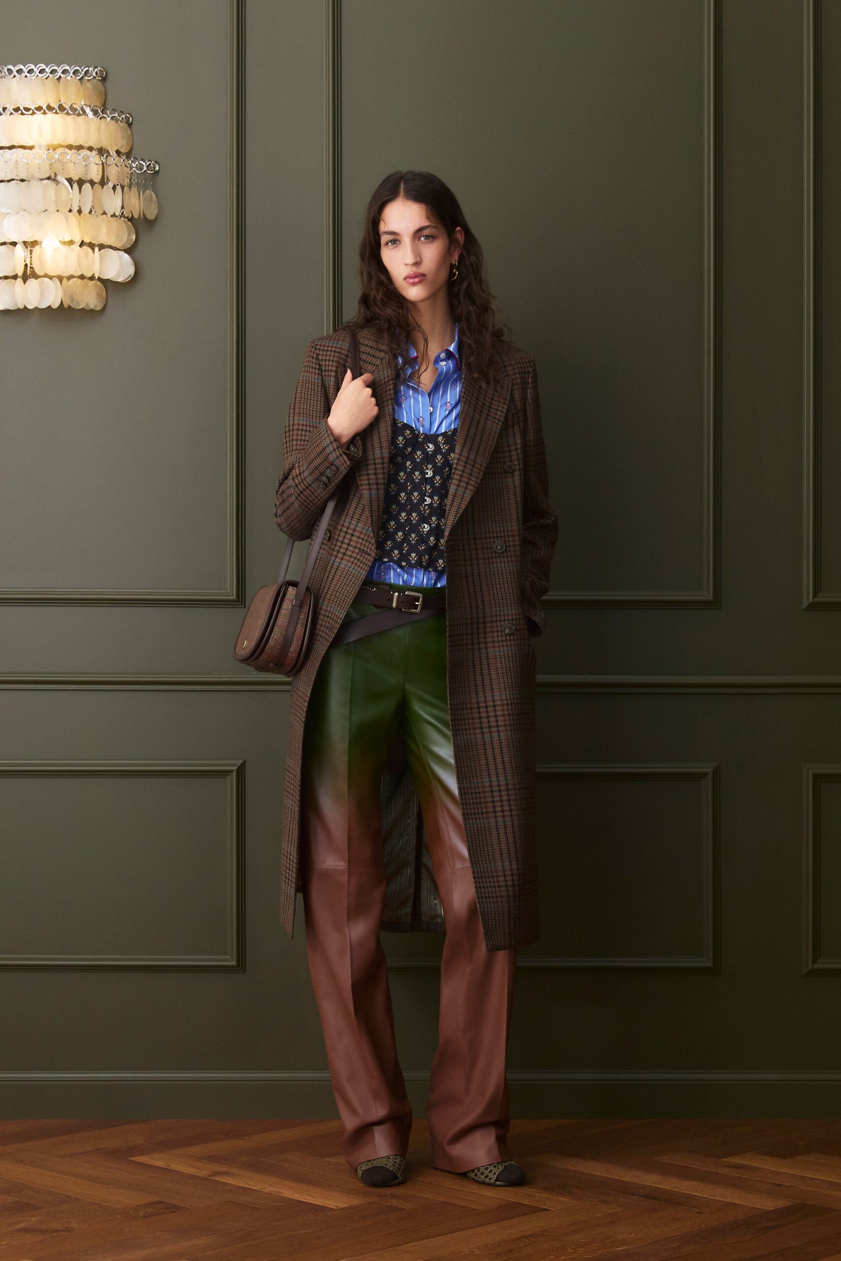 brown wool long-sleeve collared tailored checked coat
