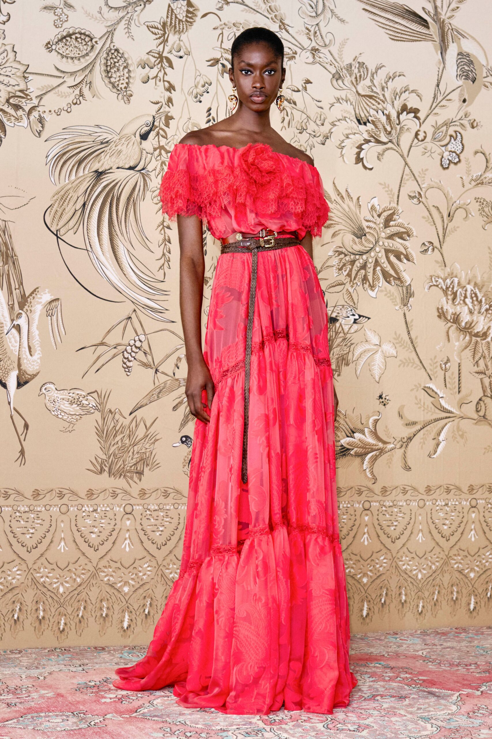 red silk off-shoulder gown