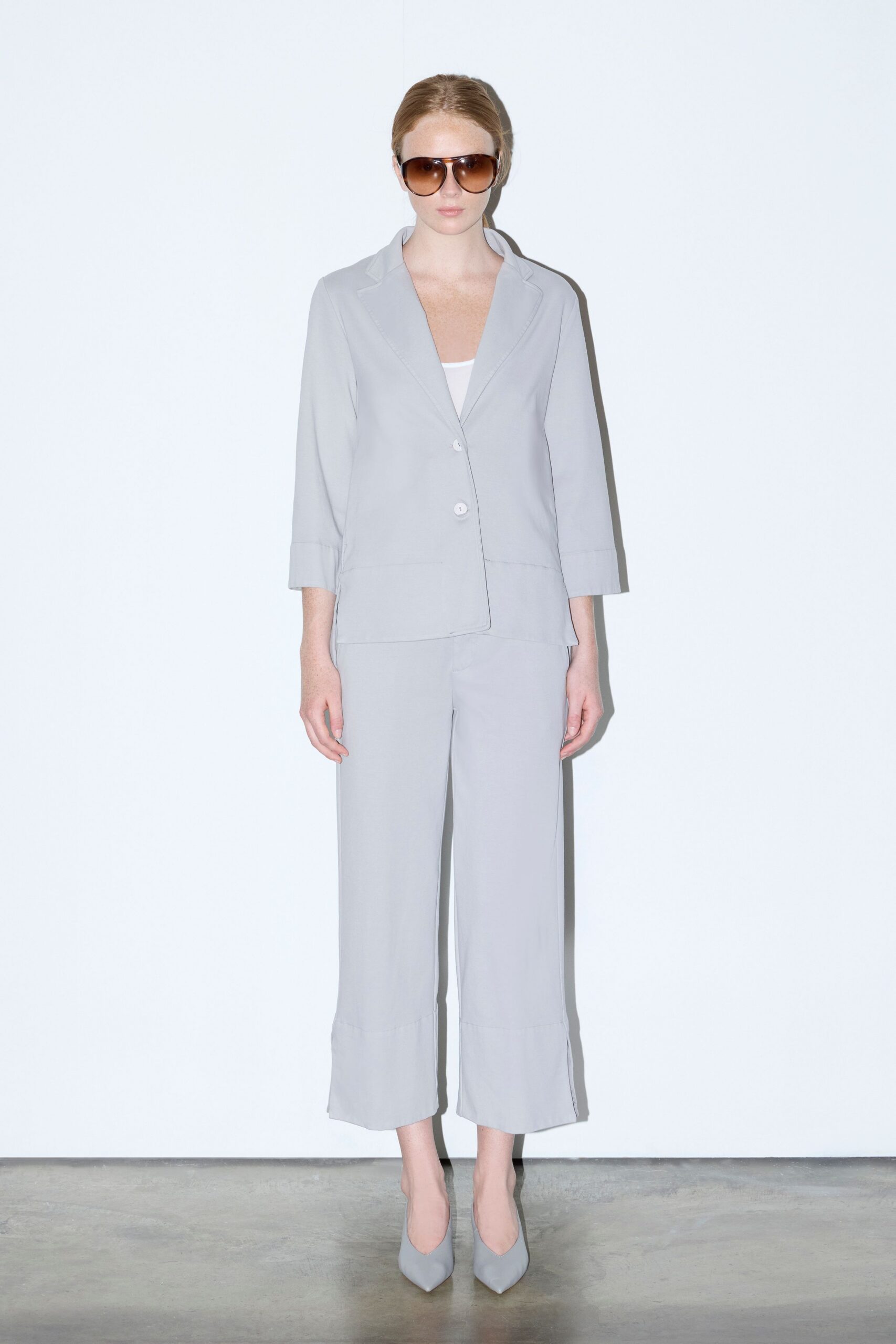 gray tailored blazer with wide-leg pants