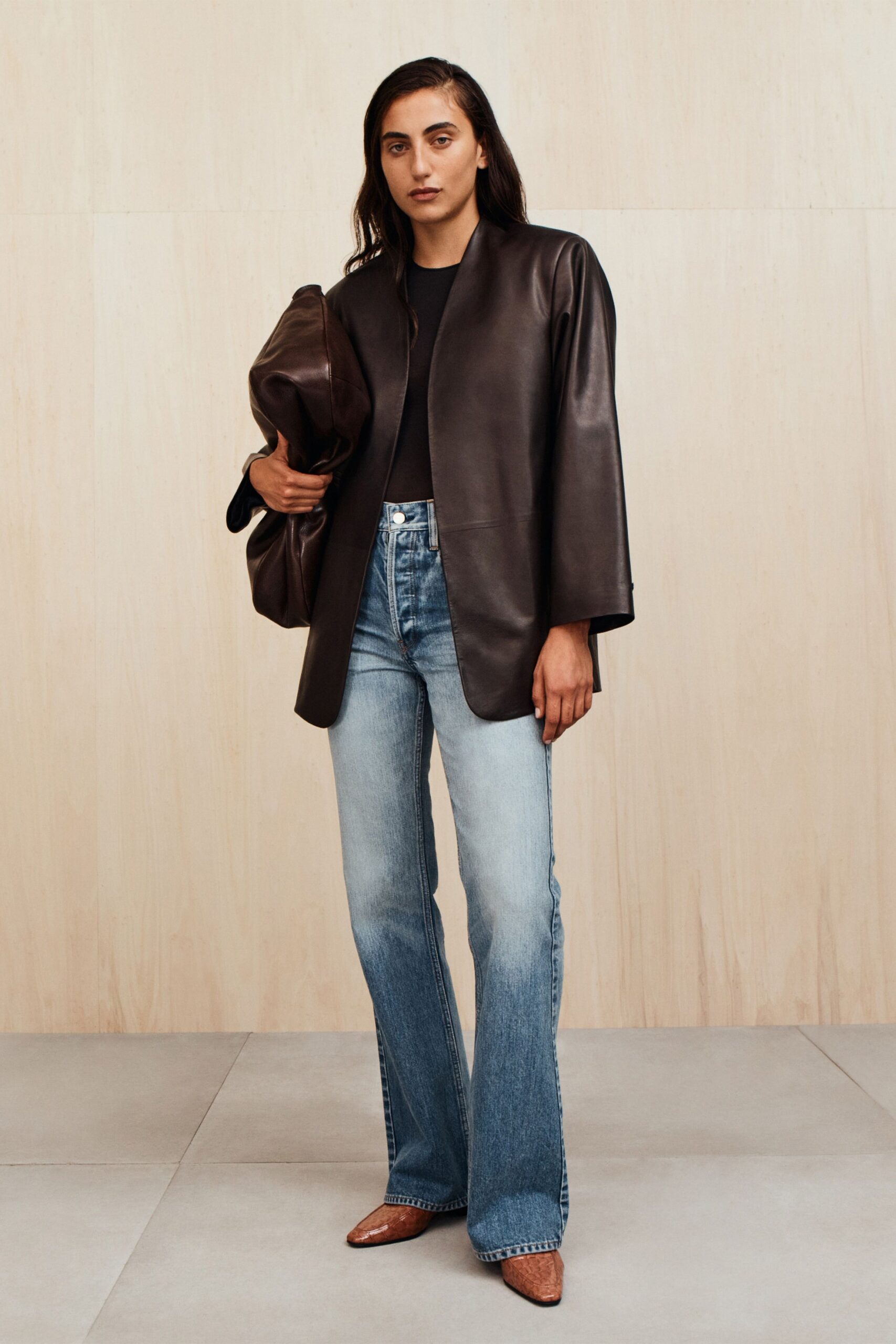 blue denim fitted high-waisted flared jeans