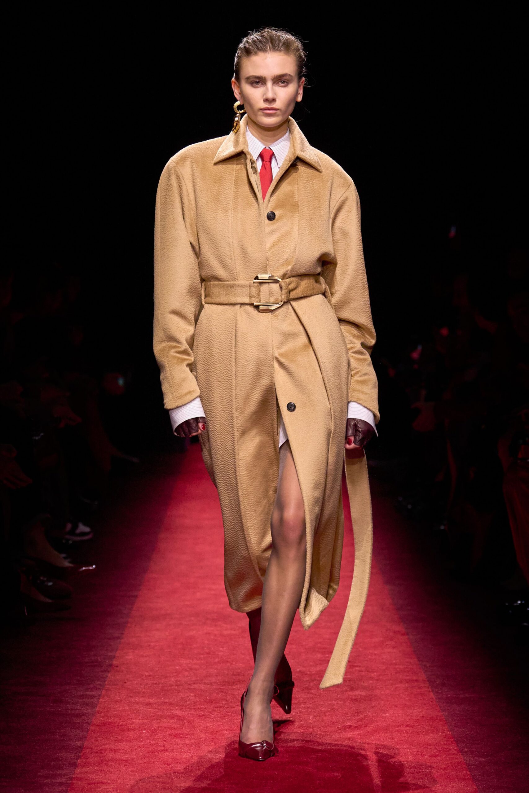 beige wool long-sleeve collared oversized belted buttoned coat