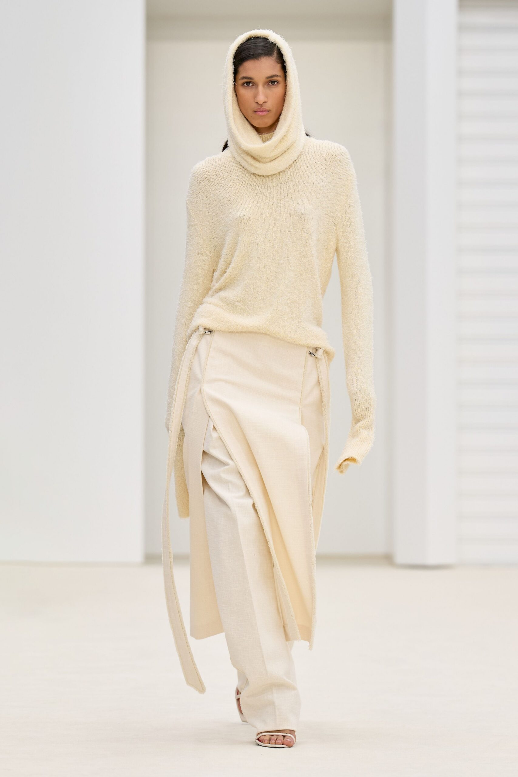 beige wool long-sleeve hooded relaxed top