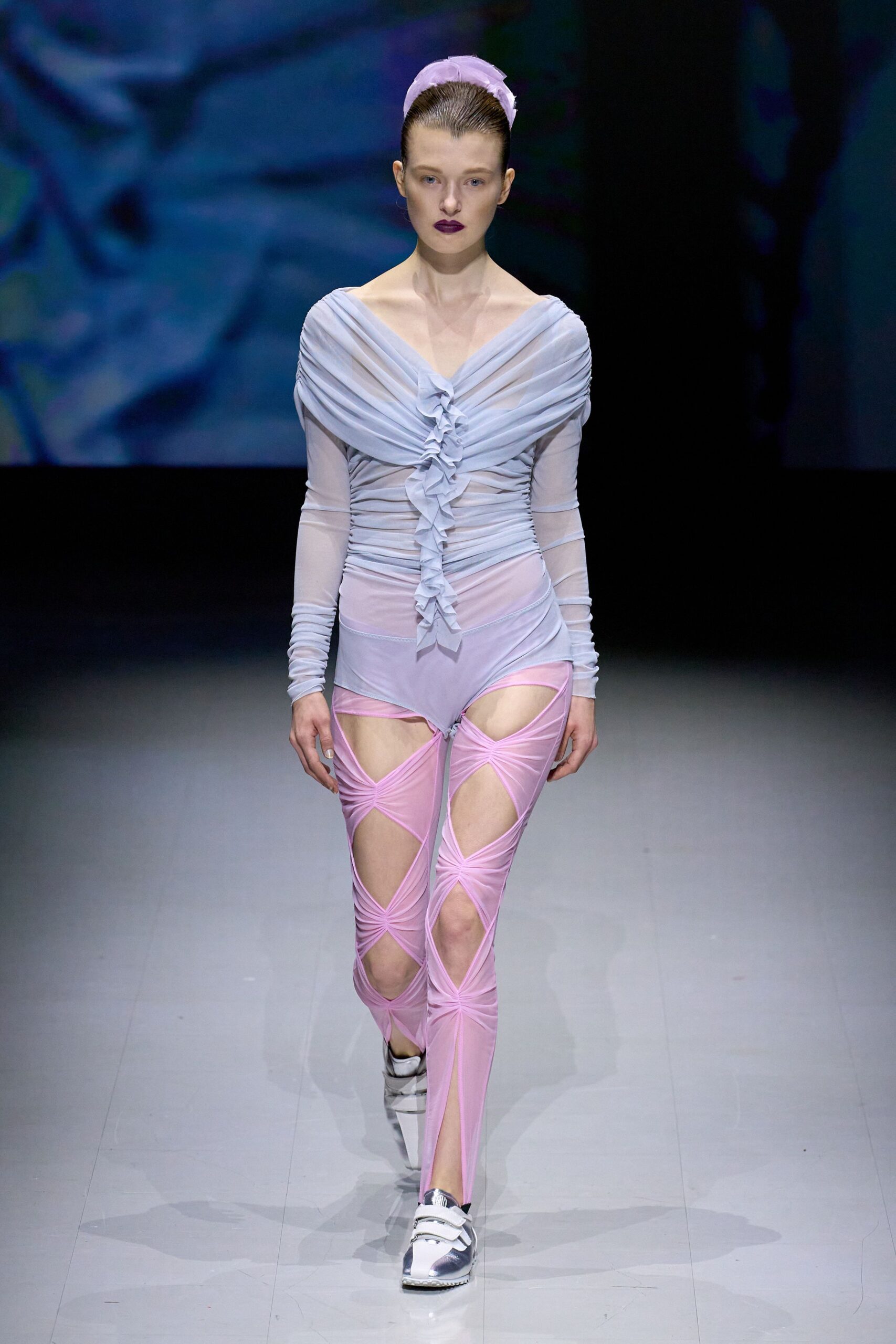 blue silk long-sleeve v-neck fitted ruched sheer bodysuit