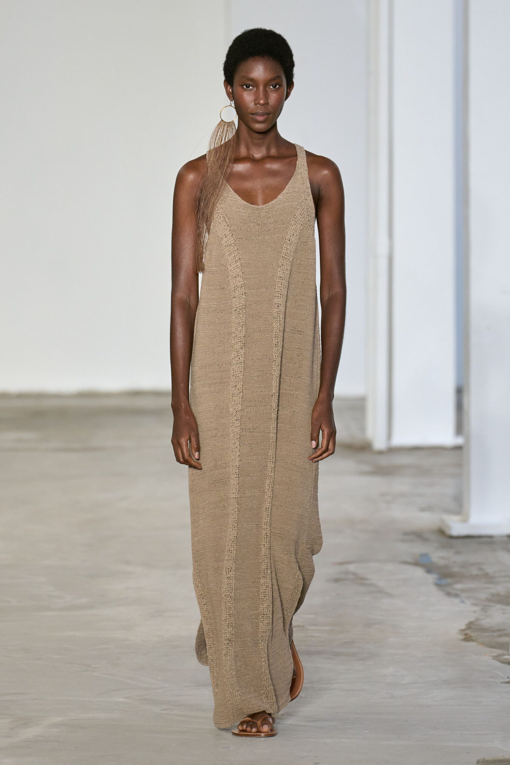 beige cotton sleeveless v-neck fitted layered maxi dress