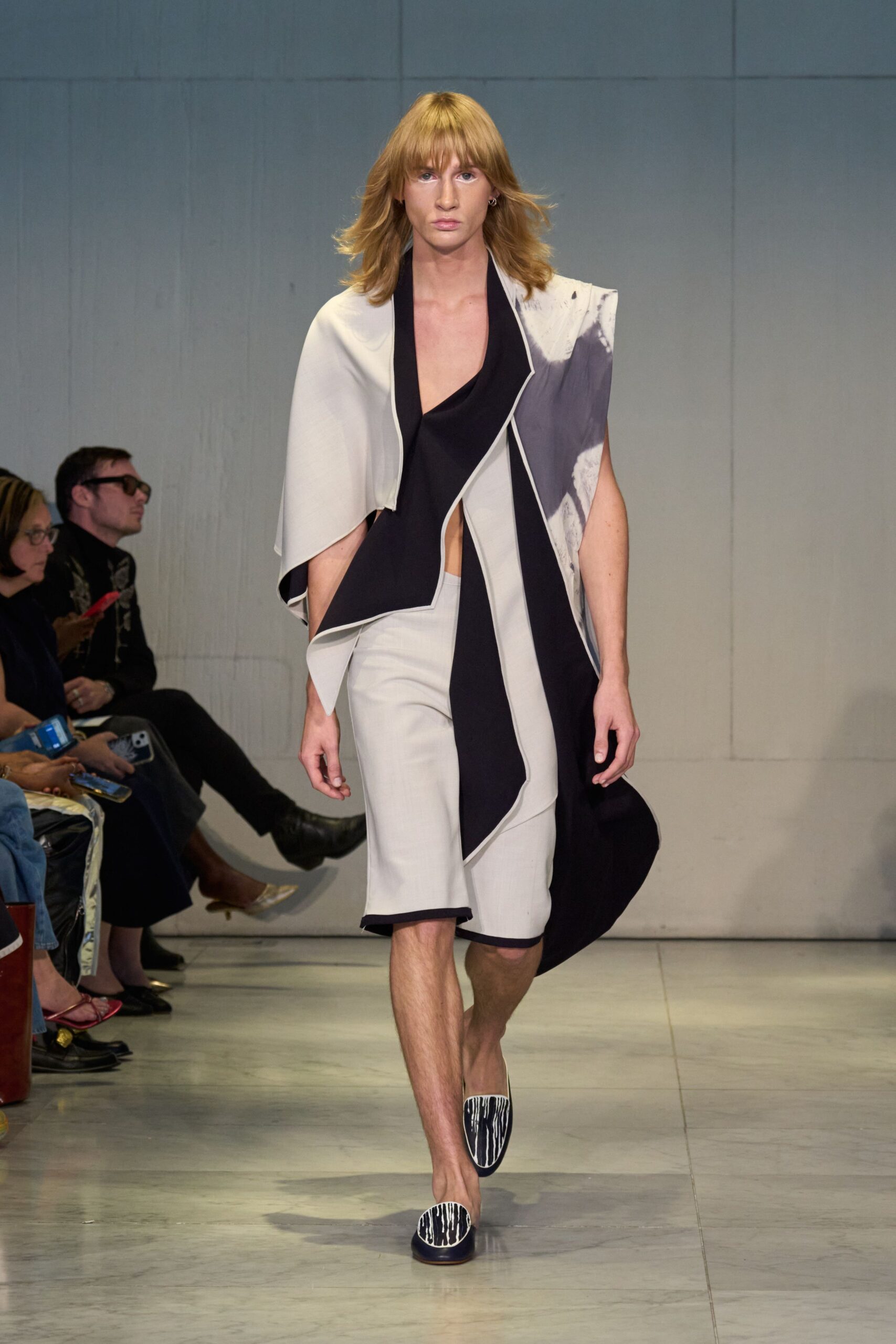 asymmetric jacket and midi skirt