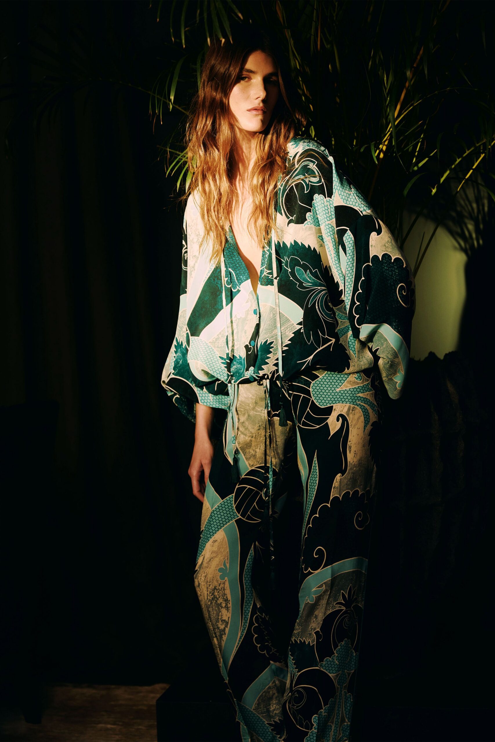 blue green printed jumpsuit with belt