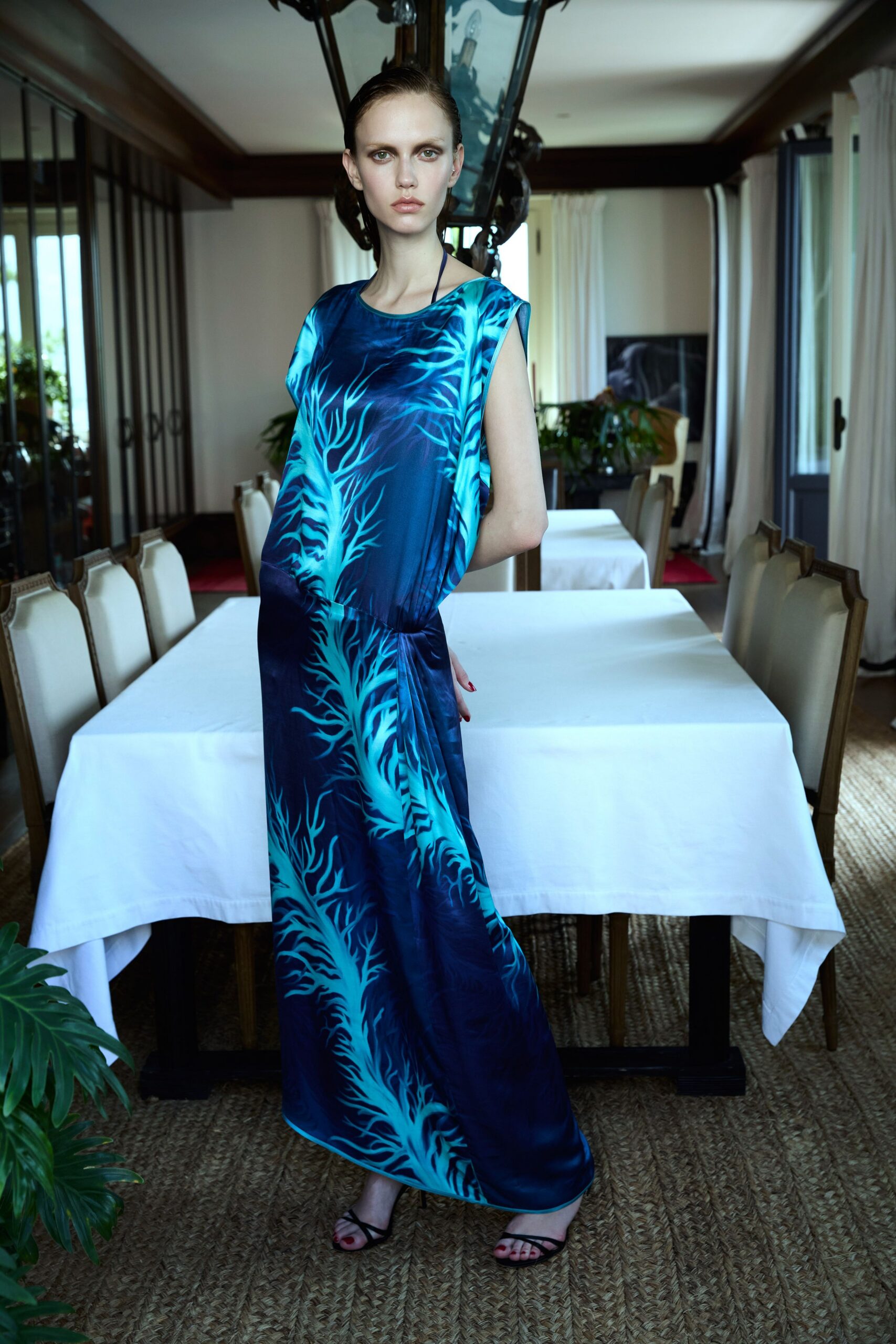 blue teal printed maxi dress