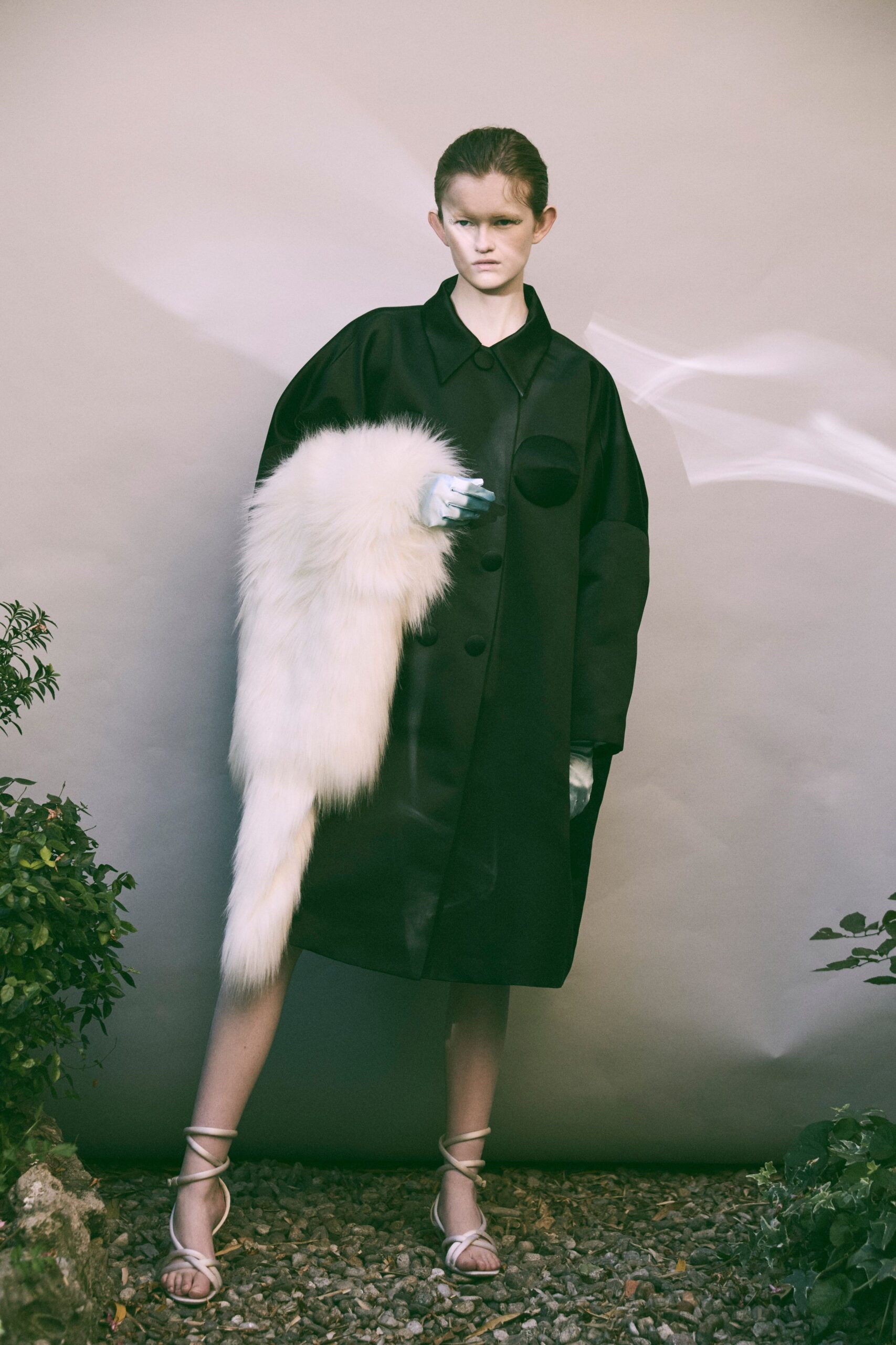 black leather long-sleeve collared oversized buttoned coat