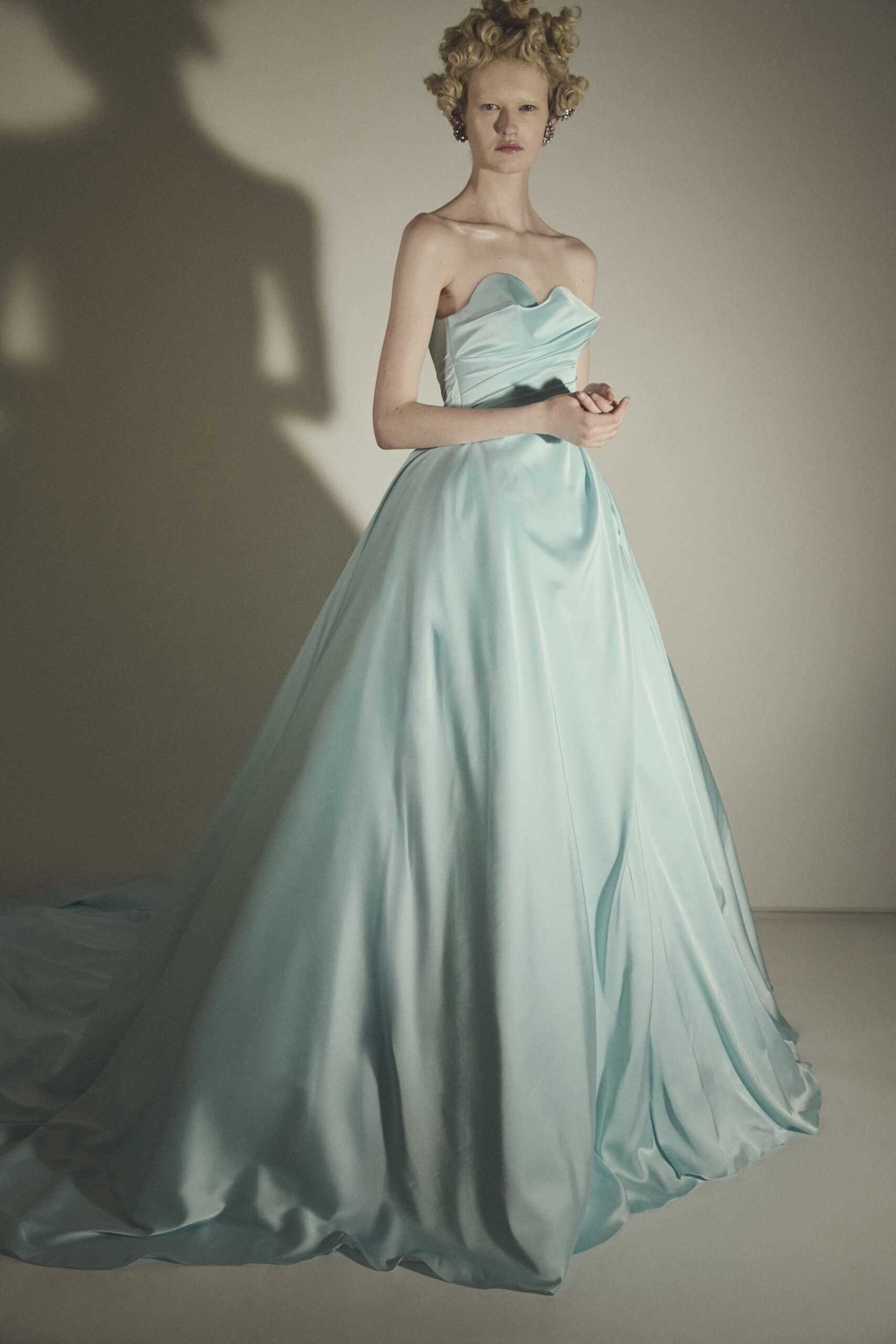 blue satin strapless gown