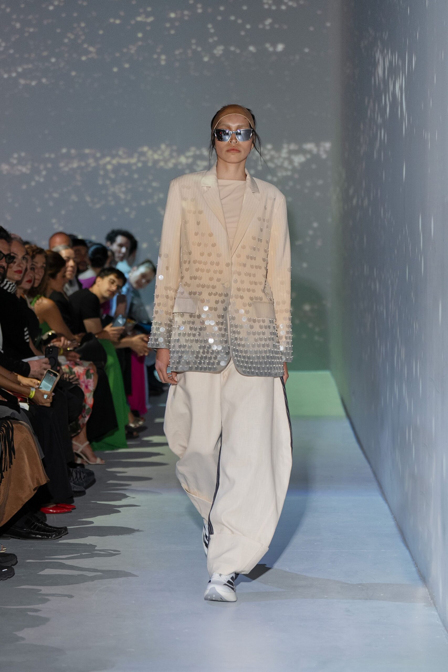 beige silk long-sleeve collared relaxed sequined shiny blazer