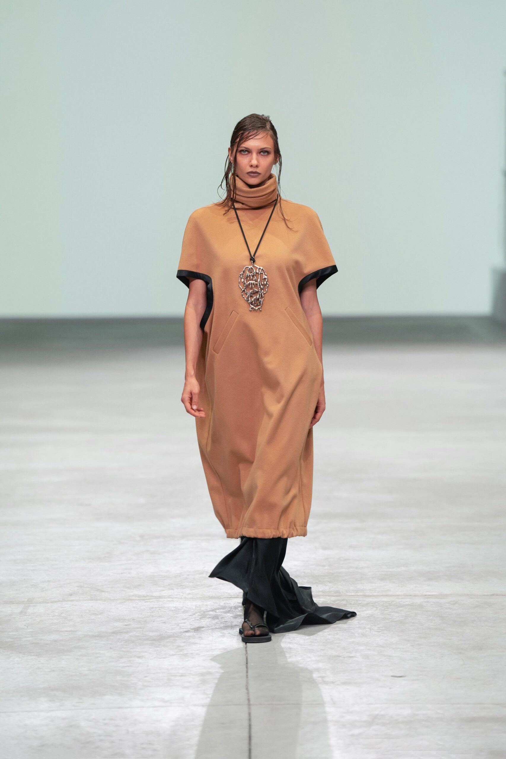 brown cotton short-sleeve high-neck relaxed layered midi dress