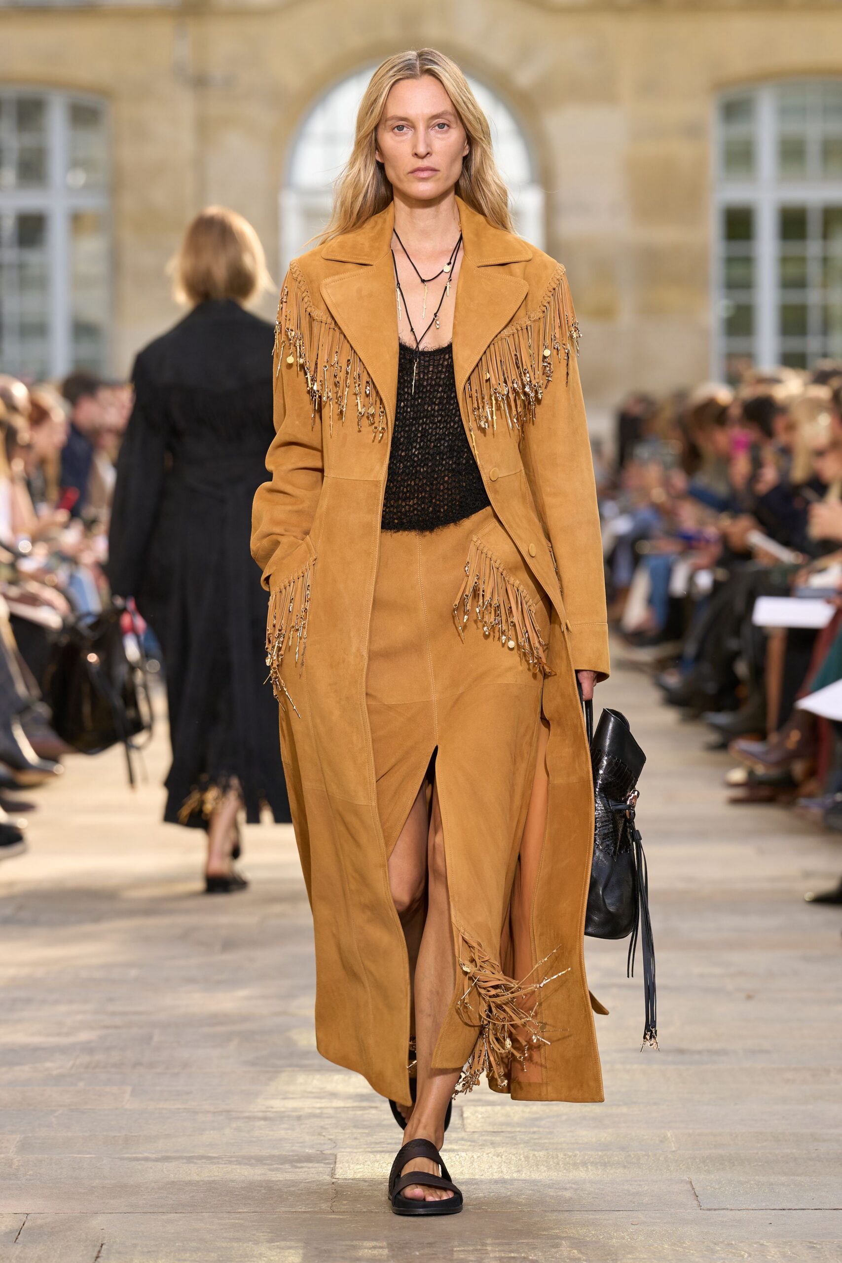 brown suede long-sleeve collared relaxed fringed maxi coat