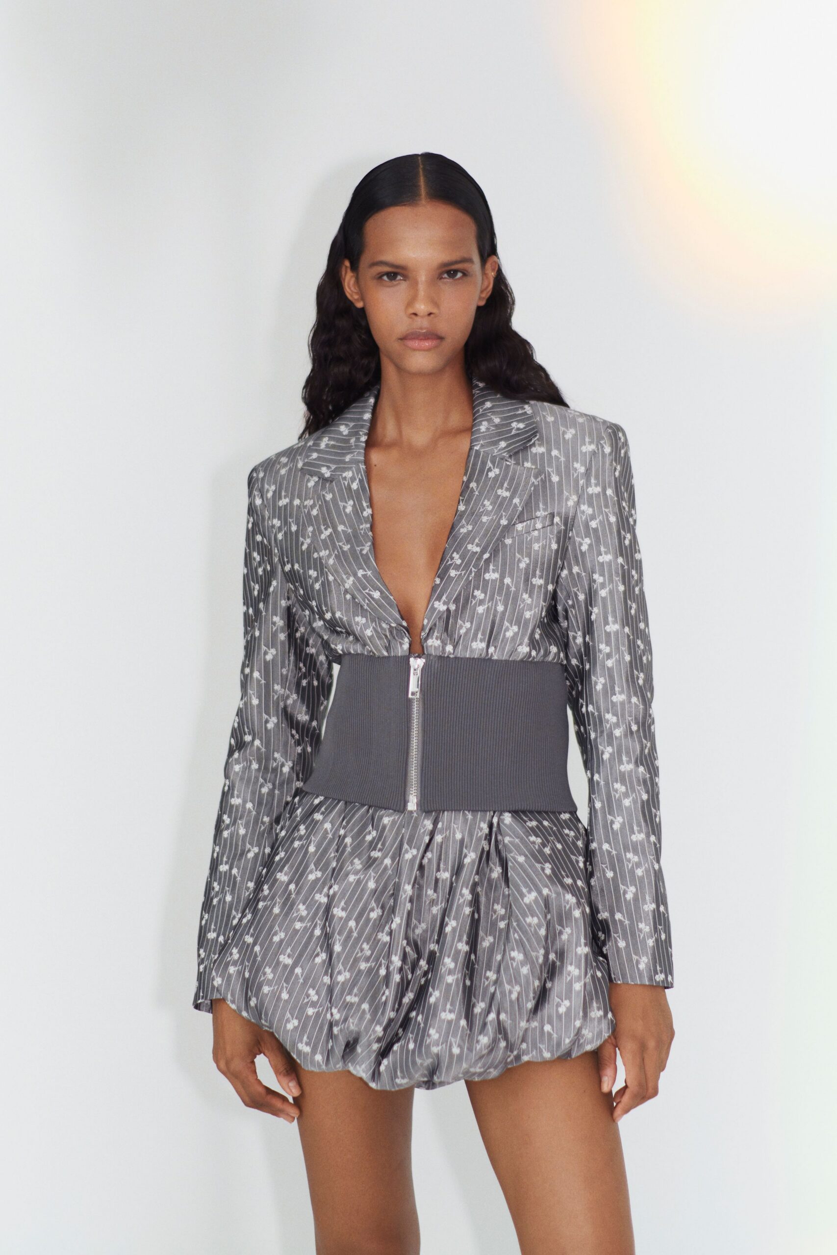 gray silk fitted pleated mini skirt