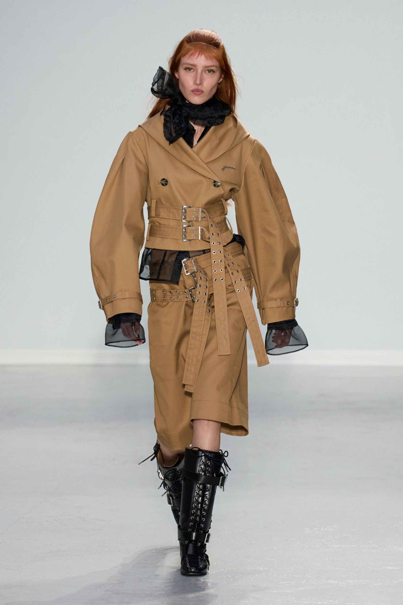 beige cotton long-sleeve collared relaxed belted midi coat