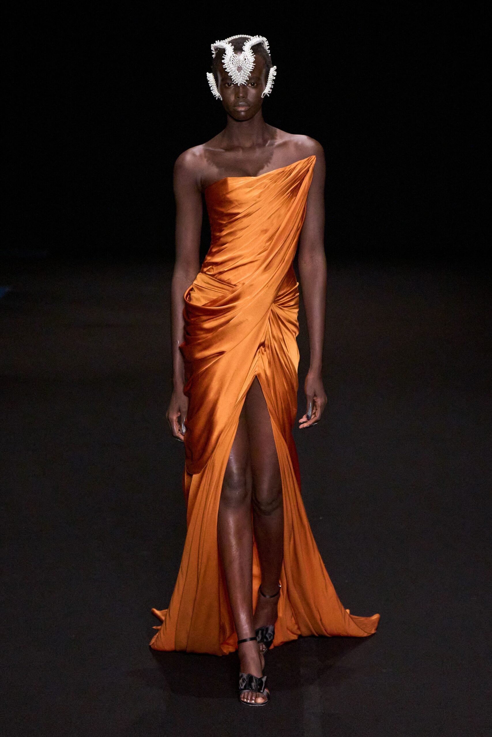 orange silk strapless slit fitted draped flowing gown
