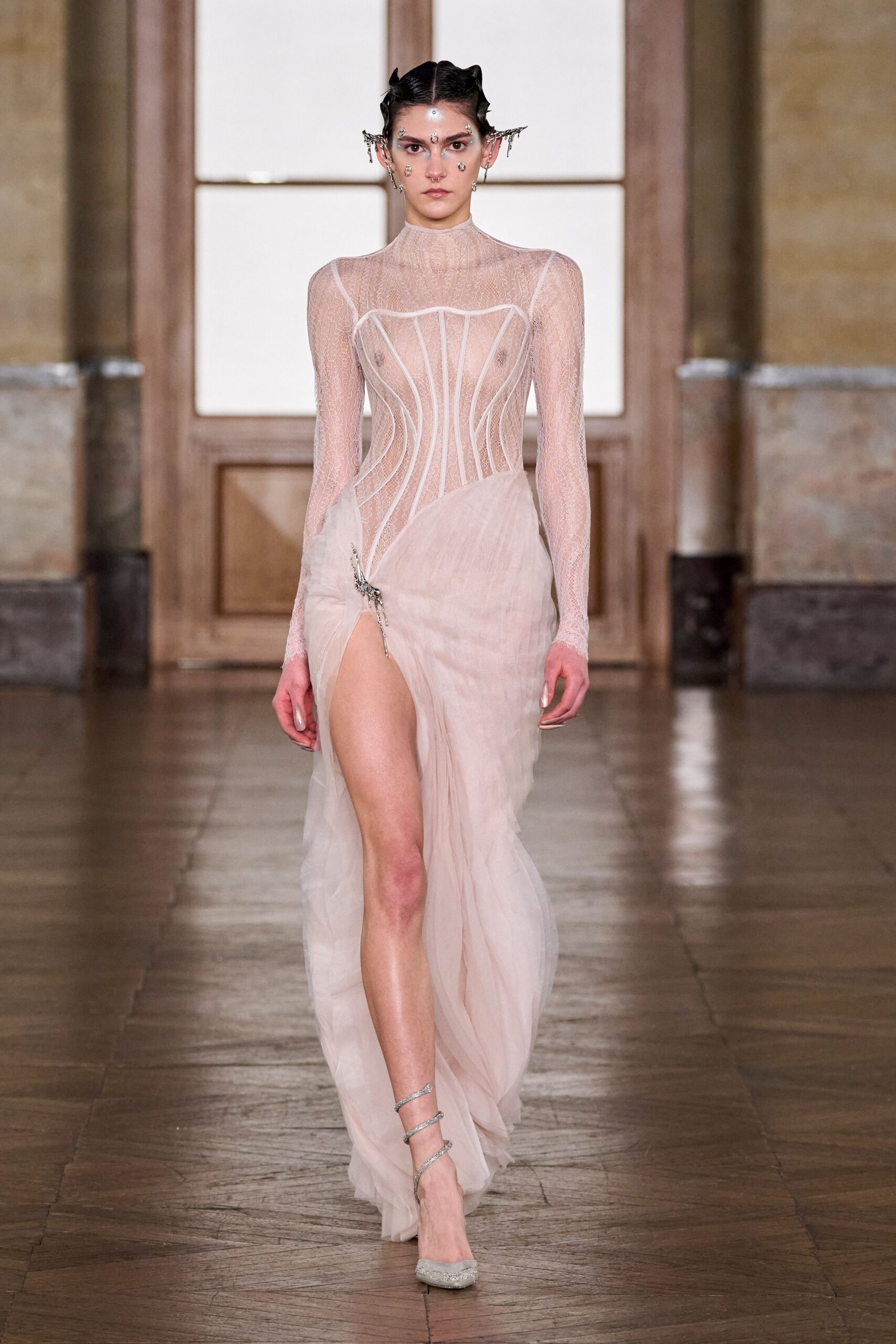 pink silk long-sleeve v-neck fitted pleated gown