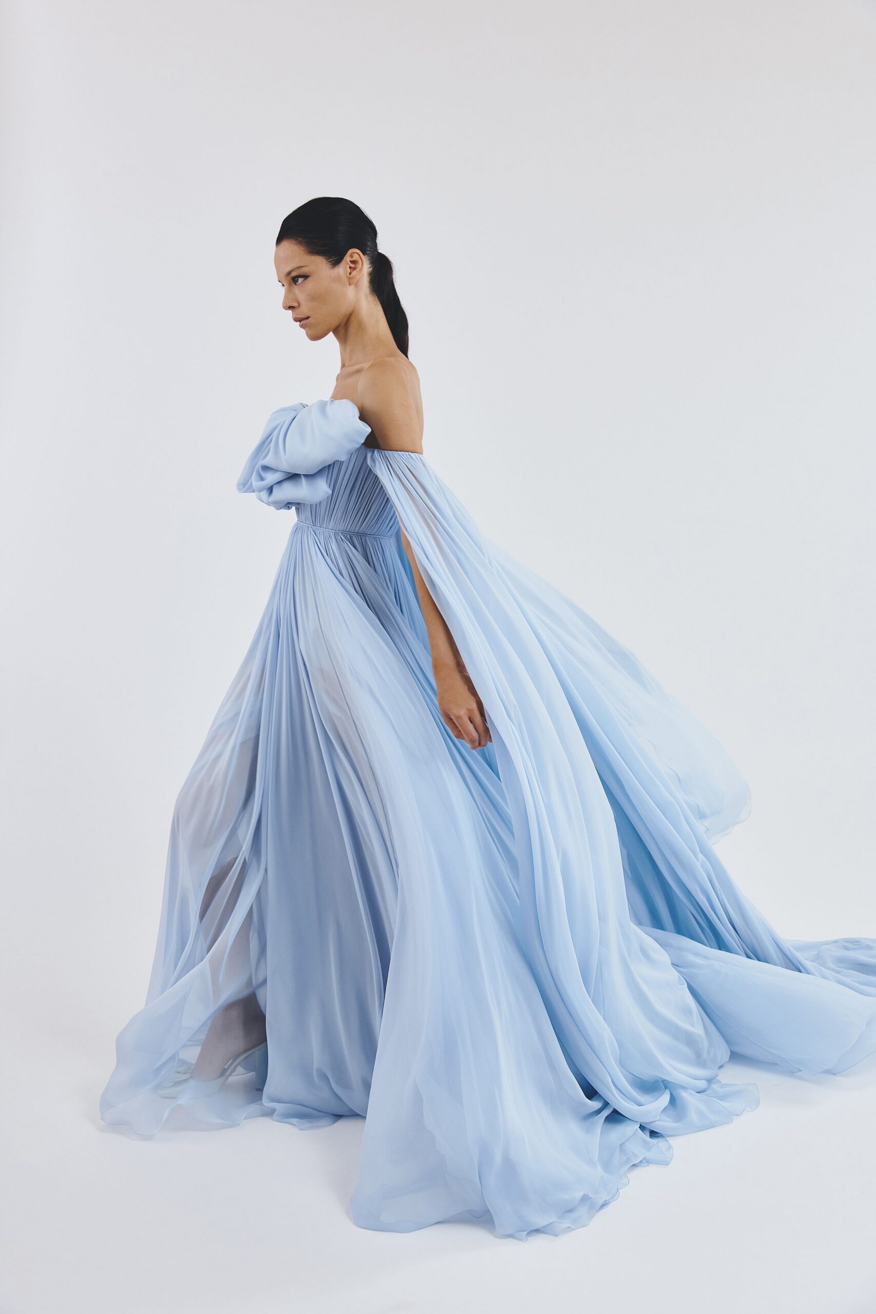 blue chiffon off-shoulder gown