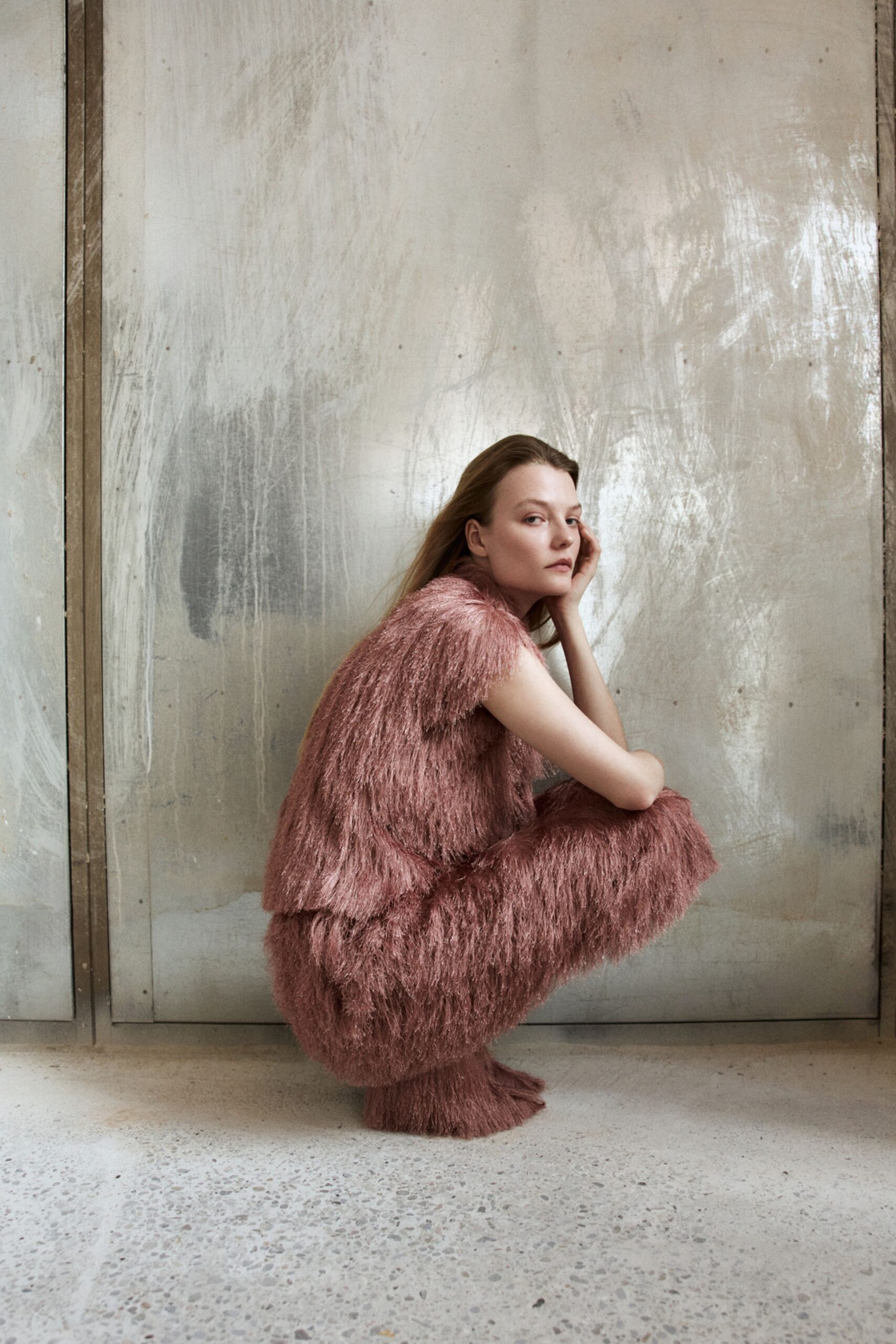 pink fur short-sleeve fitted fringed top