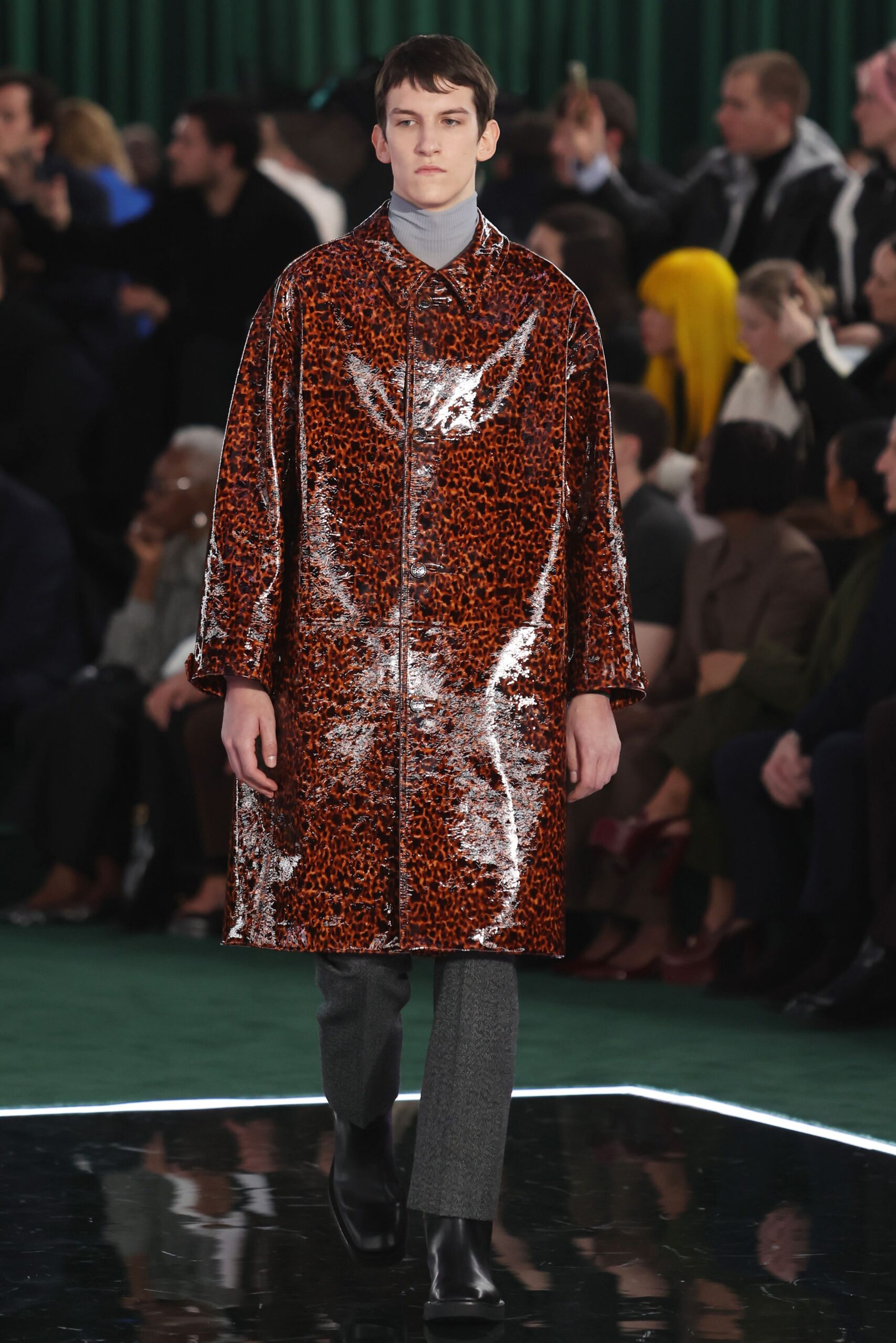 orange vinyl long-sleeve collared relaxed shiny coat