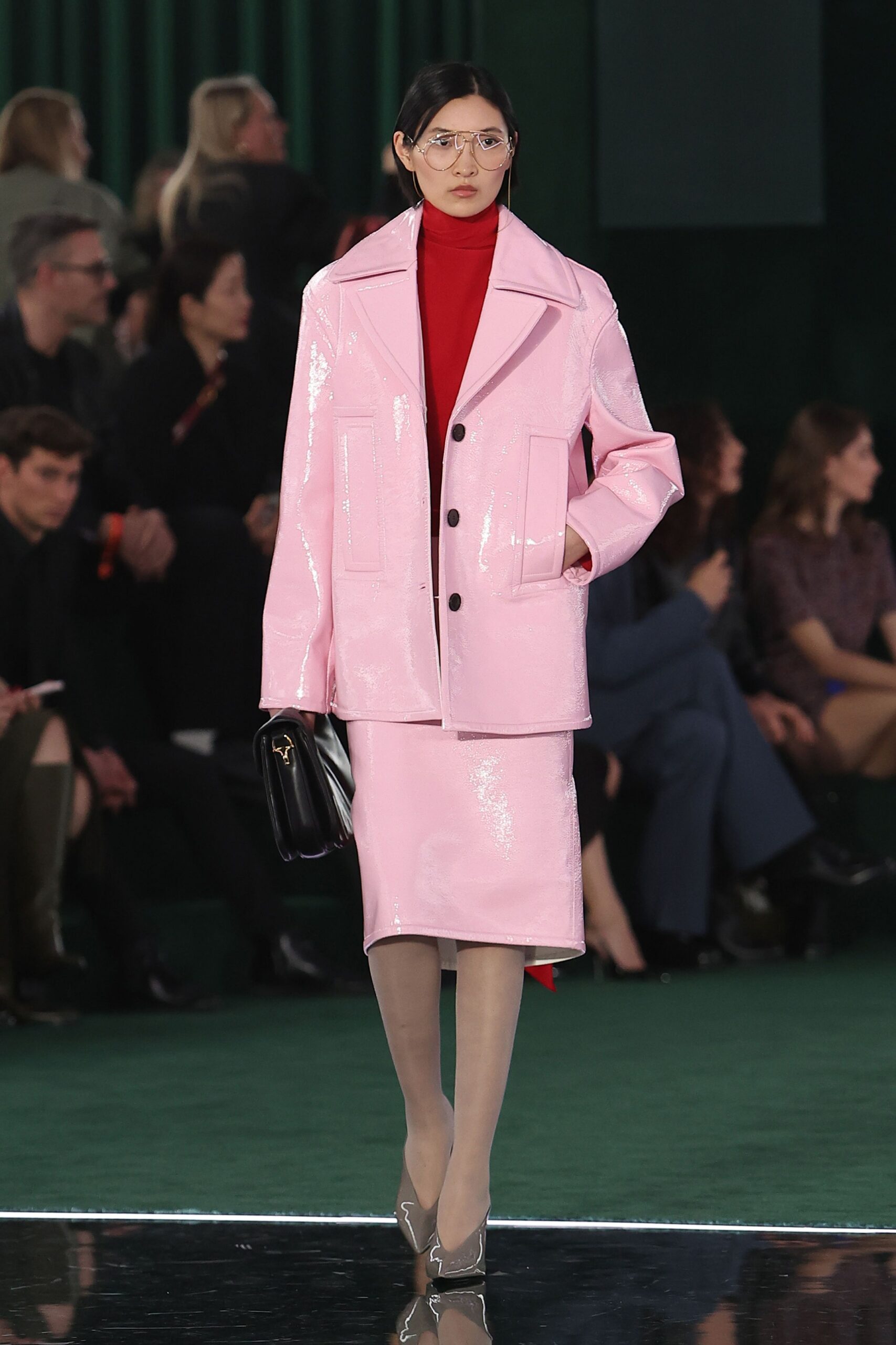 pink vinyl long-sleeve collared oversized shiny coat